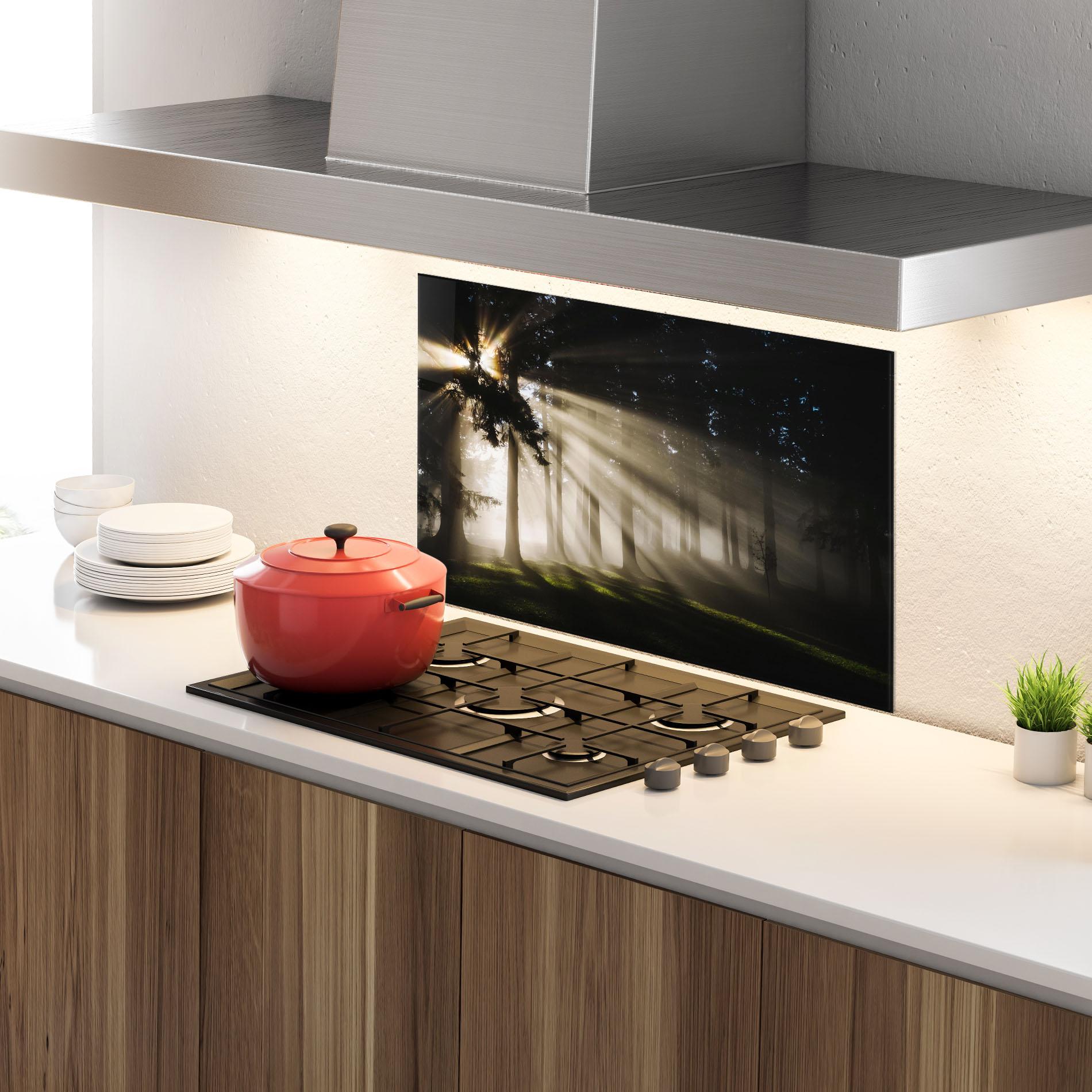 Küchenrückwand Glas Forest Foggy Daylight mockup 4