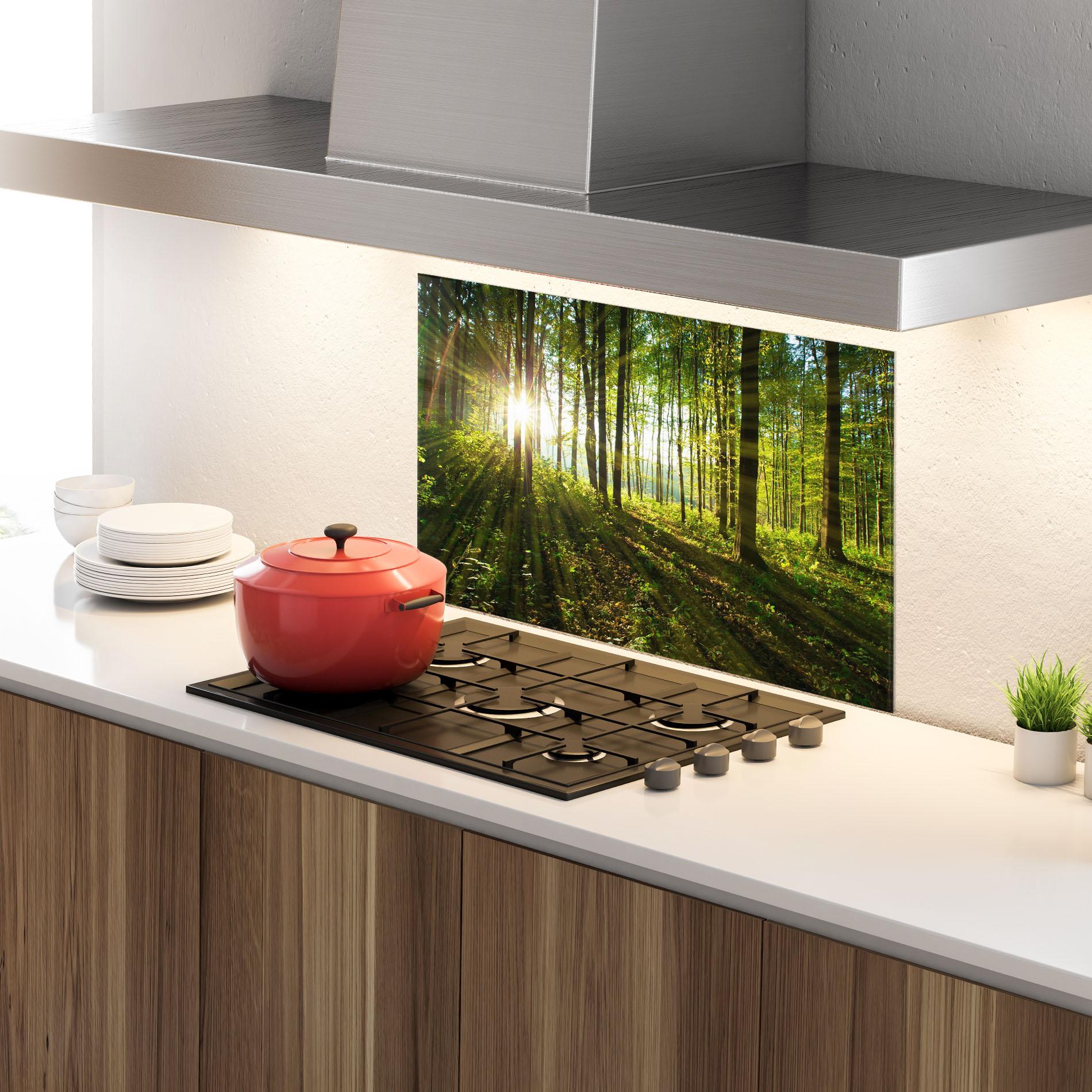 Küchenrückwand Glas Green Light Forest mockup 4