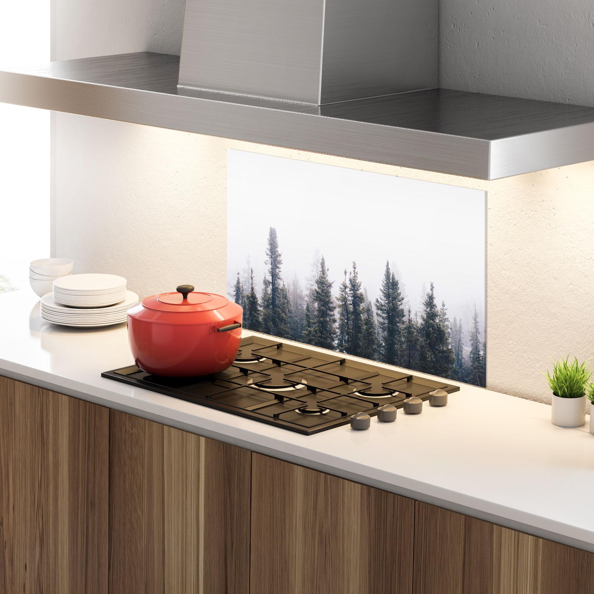 Küchenrückwand Glas Grey Foggy Trees mockup 4
