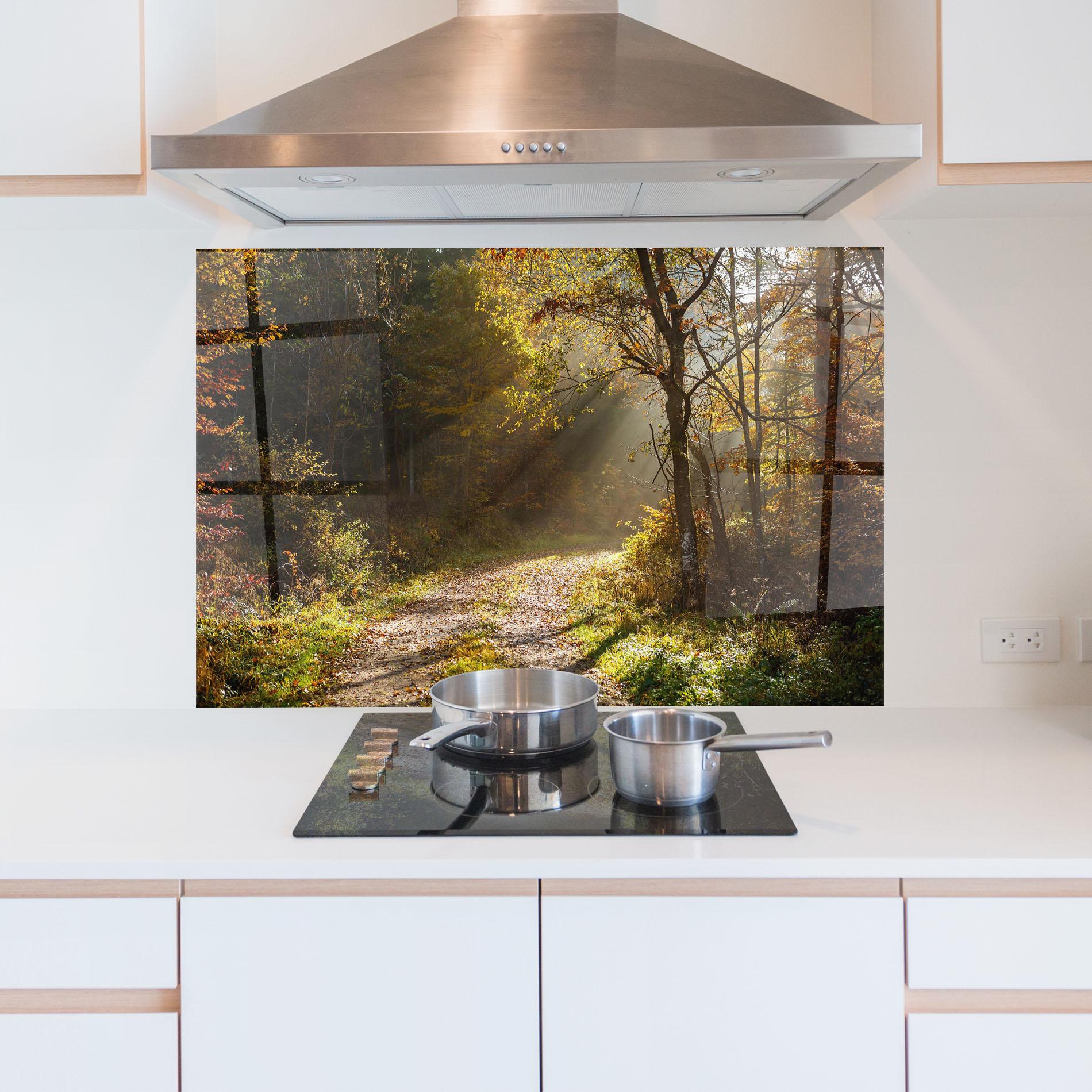 Küchenrückwand Glas Autumn Trees Sun mockup 5
