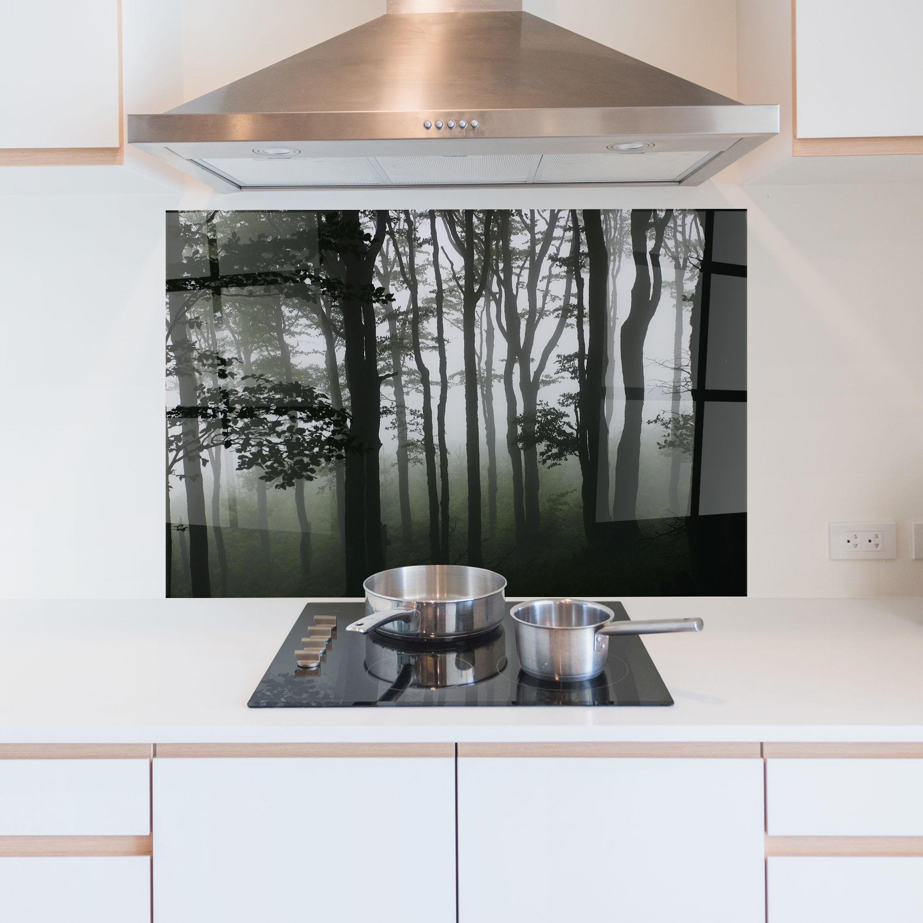 Küchenrückwand Glas Foggy Black Tree mockup 5