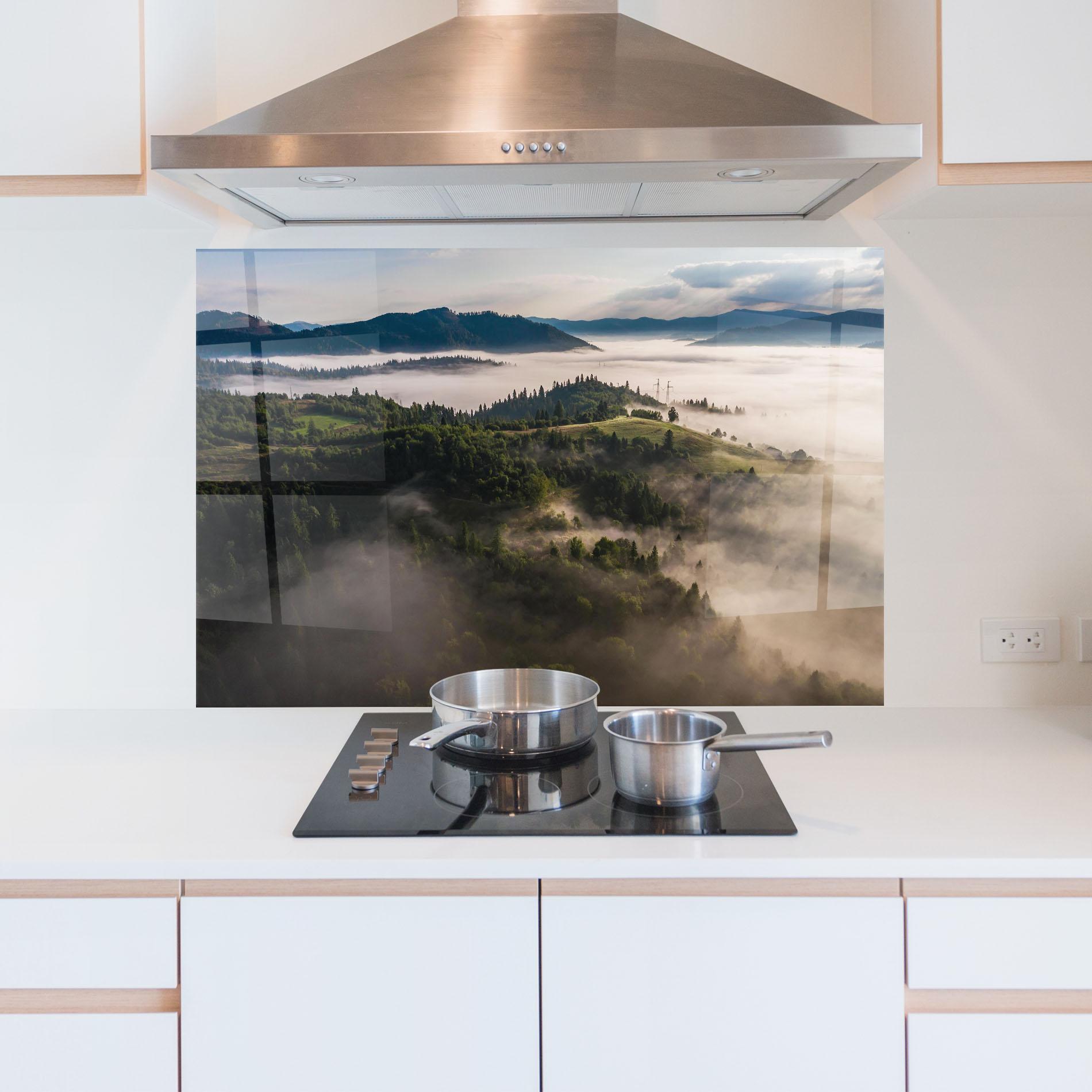 Küchenrückwand Glas Foggy Forest View mockup 5