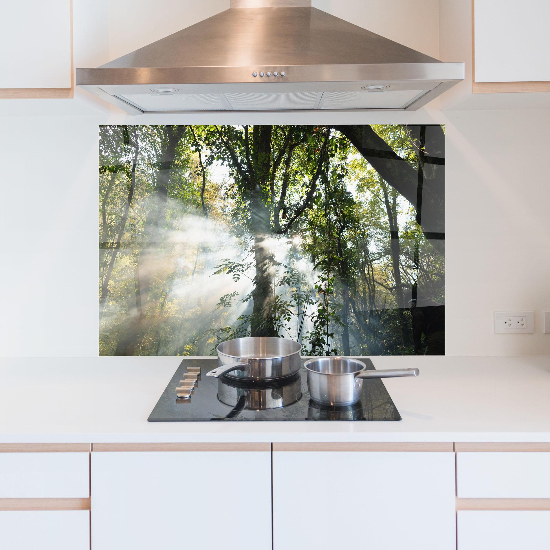 Küchenrückwand Glas Foggy Light Forest mockup 5