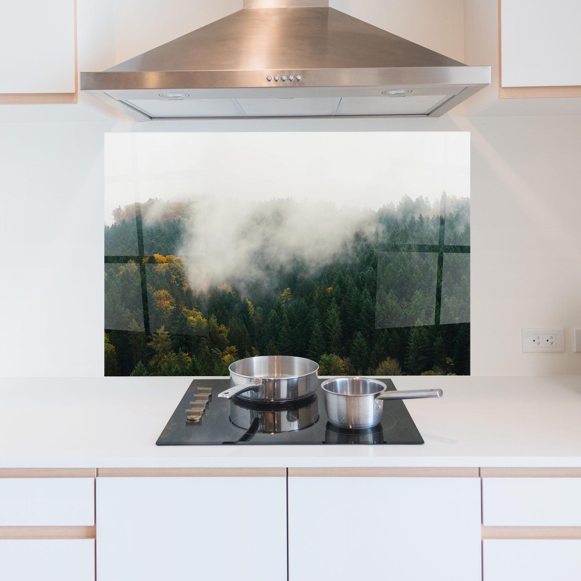 Küchenrückwand Glas Foggy Tree Forest mockup 5