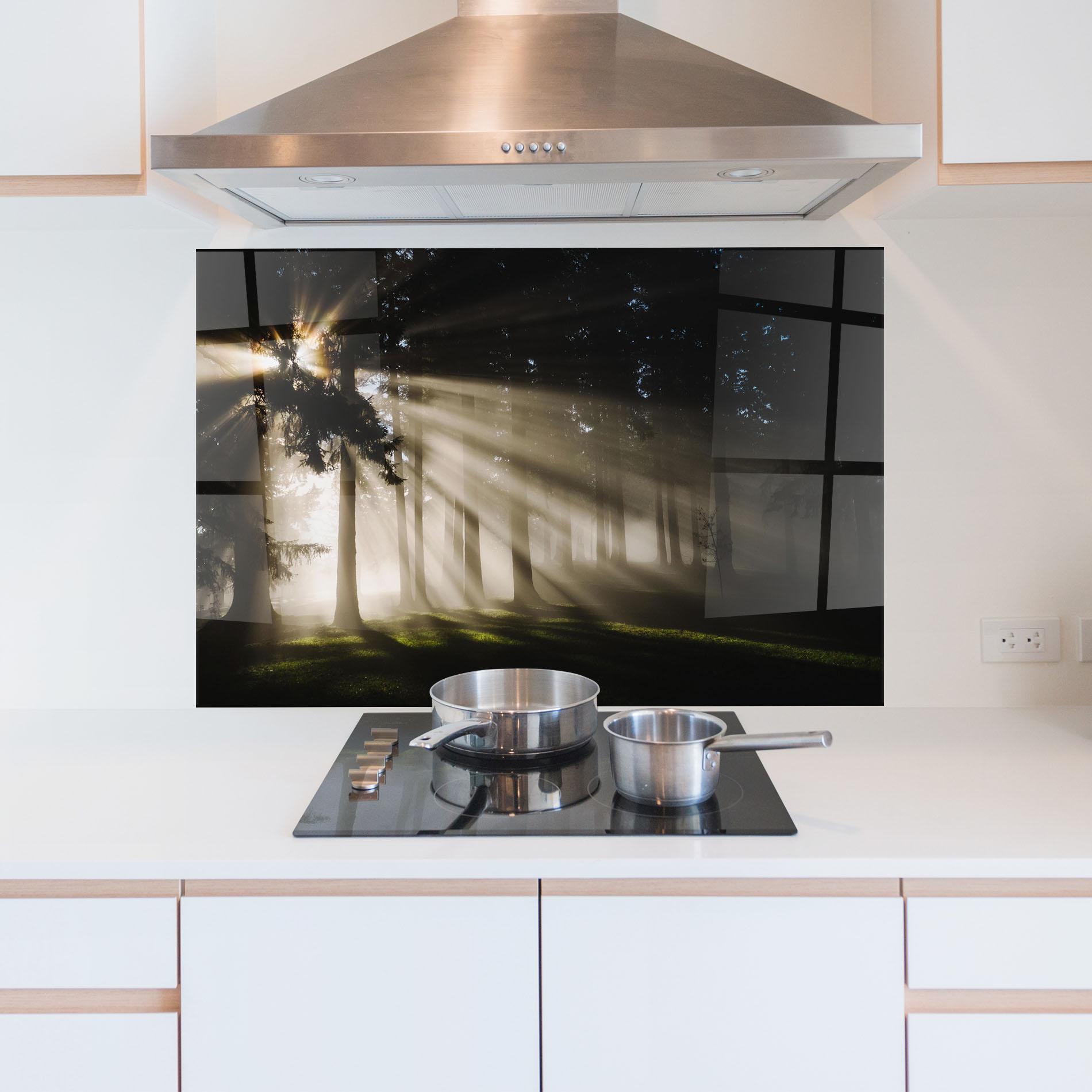 Küchenrückwand Glas Forest Foggy Daylight mockup 5