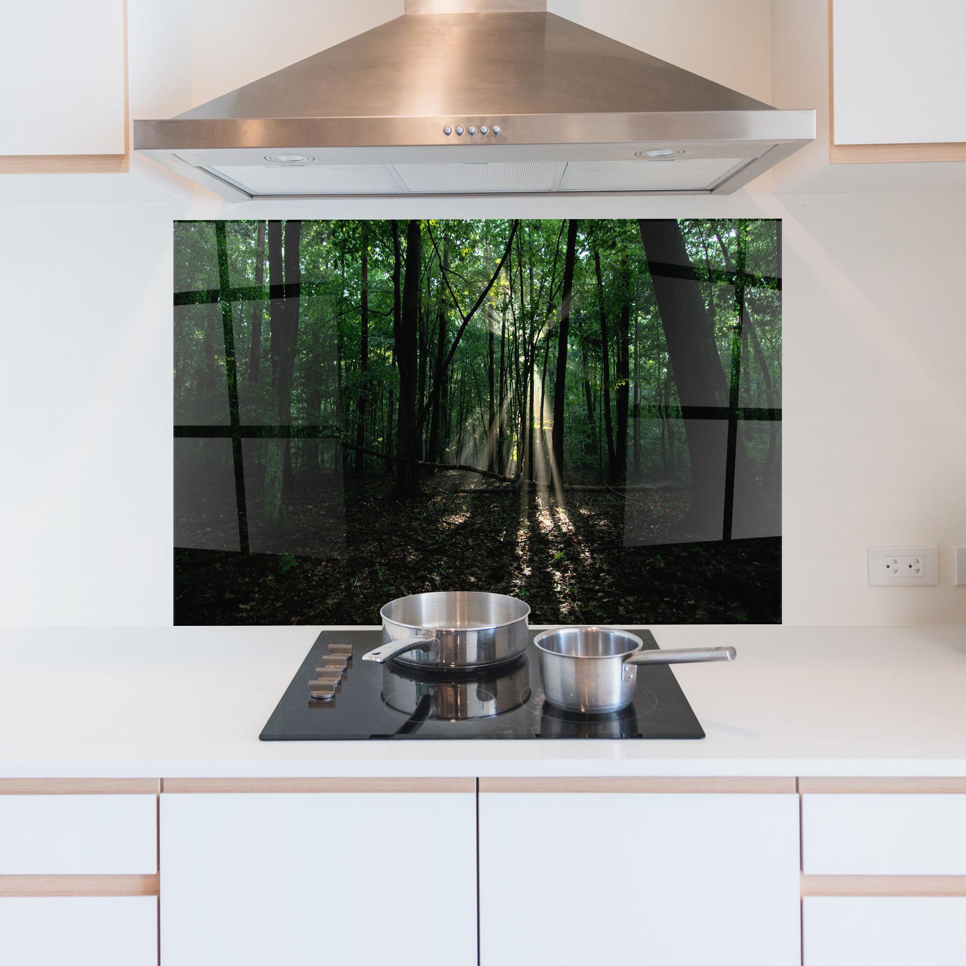 Küchenrückwand Glas Forest Sun Light mockup 5