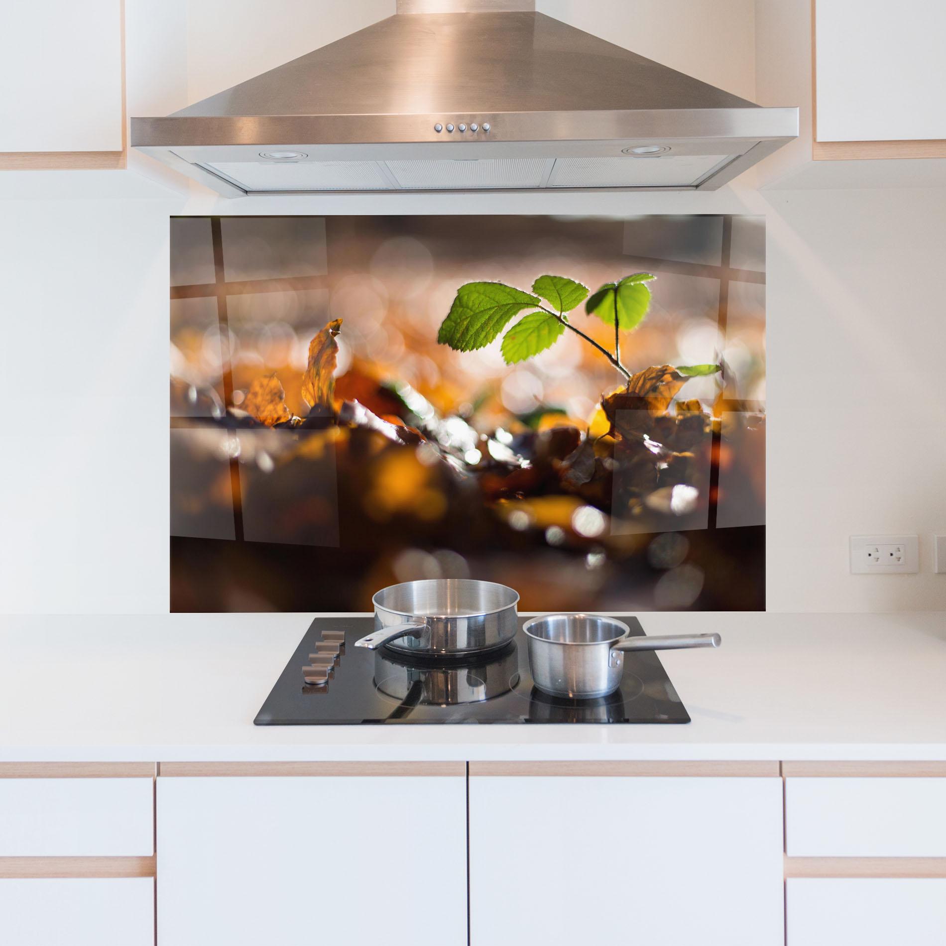 Küchenrückwand Glas Green Leaf Autumn mockup 5