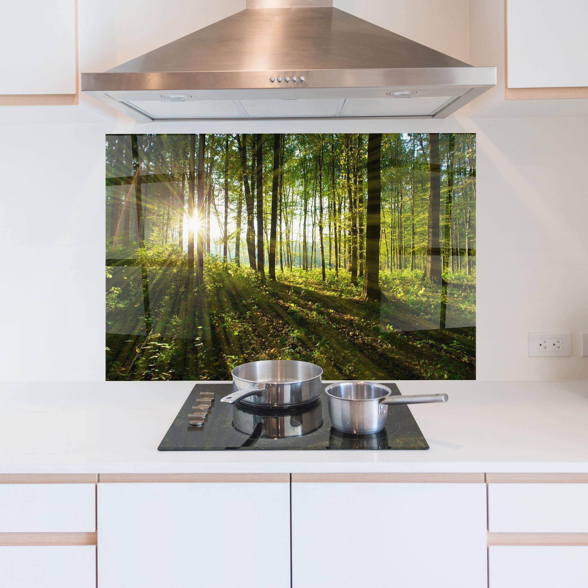 Küchenrückwand Glas Green Light Forest mockup 5