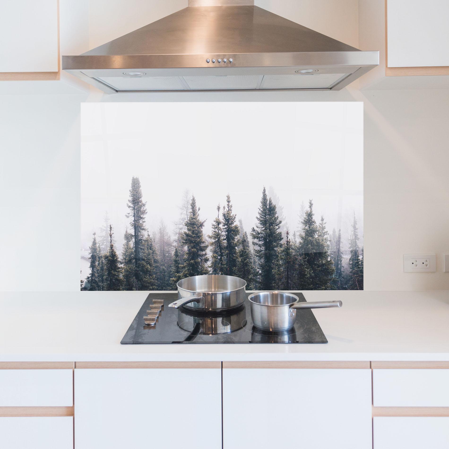 Küchenrückwand Glas Grey Foggy Trees mockup 5