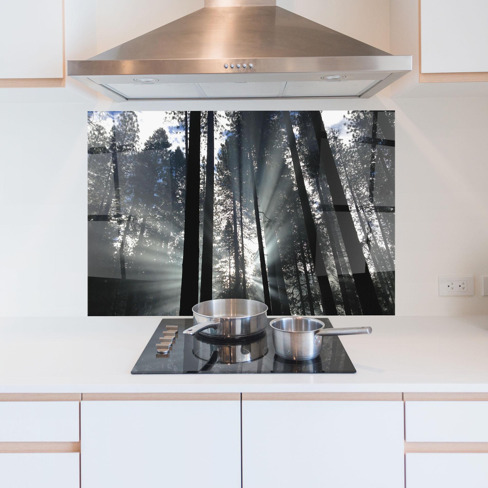 Küchenrückwand Glas Morning Light Forest mockup 5