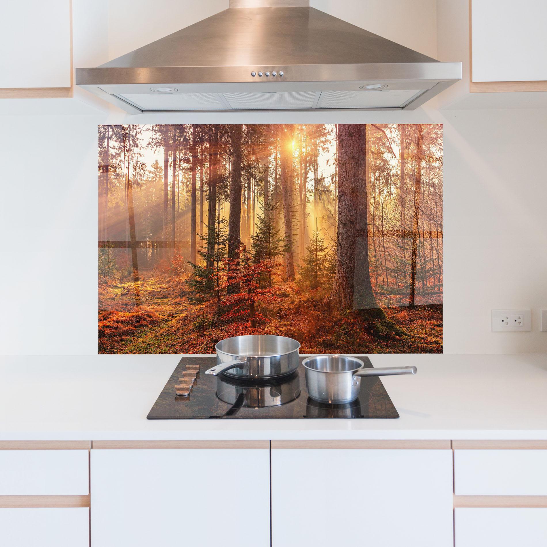Küchenrückwand Glas Orange Light Forest mockup 5