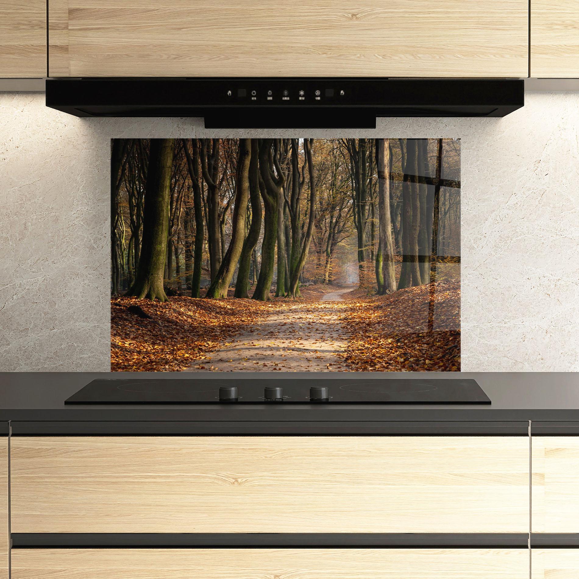 Küchenrückwand Glas Autumn Path Forest mockup 3