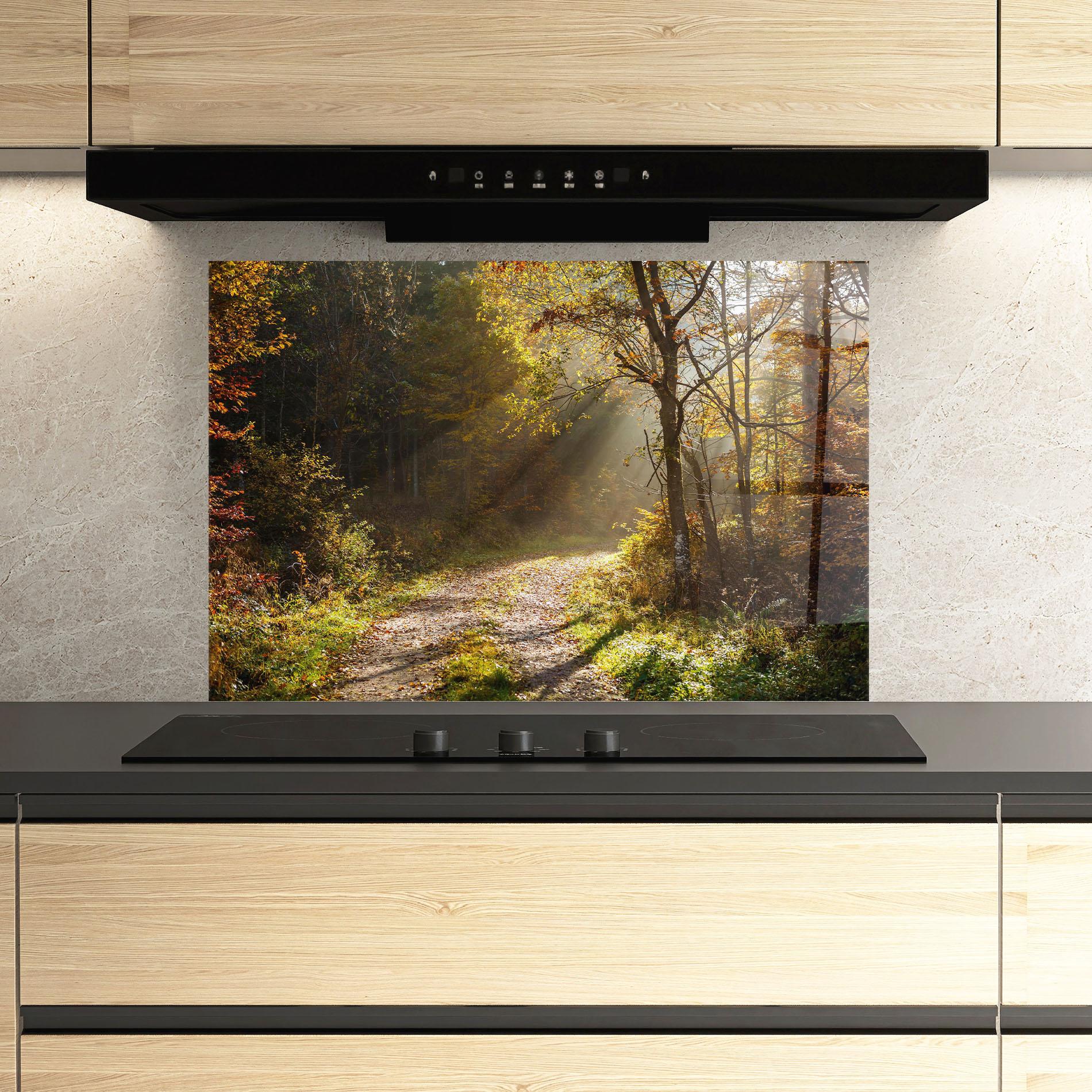 Küchenrückwand Glas Autumn Trees Sun mockup 3