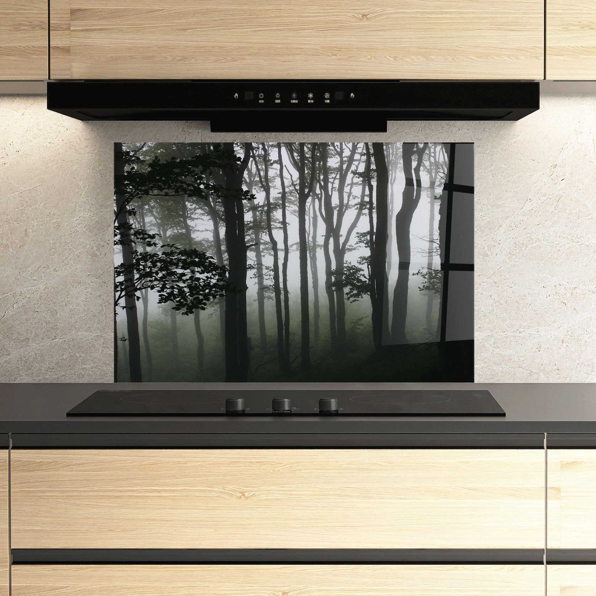 Küchenrückwand Glas Foggy Black Tree mockup 3