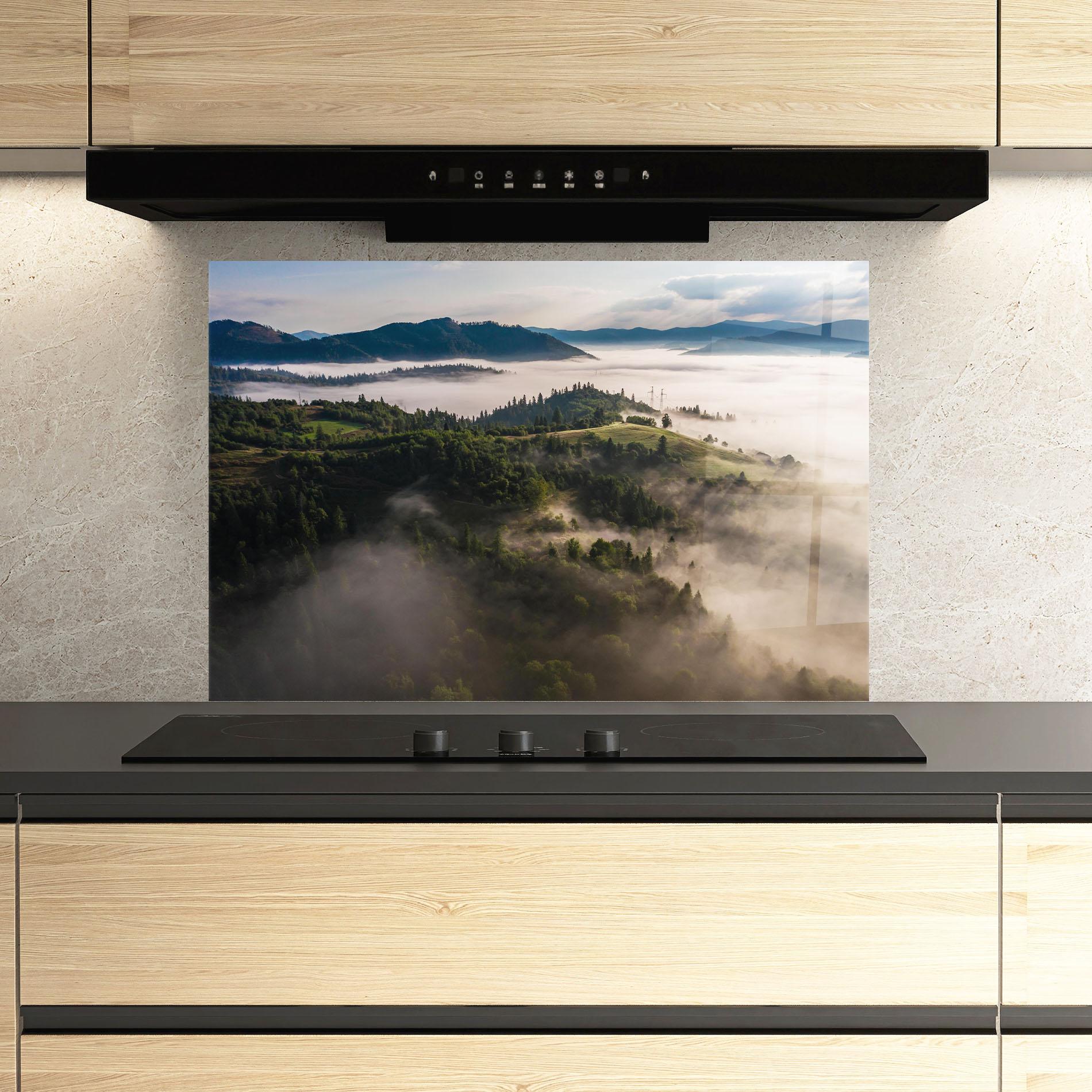 Küchenrückwand Glas Foggy Forest View mockup 3