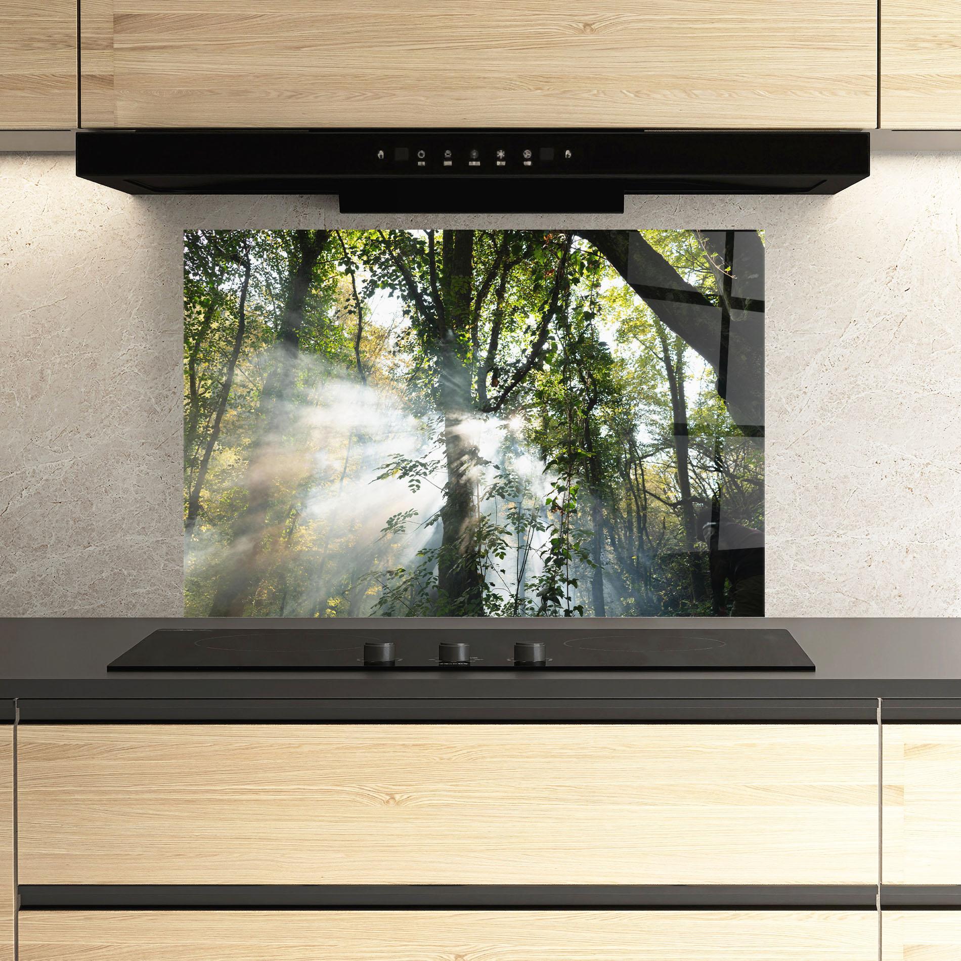 Küchenrückwand Glas Foggy Light Forest mockup 3