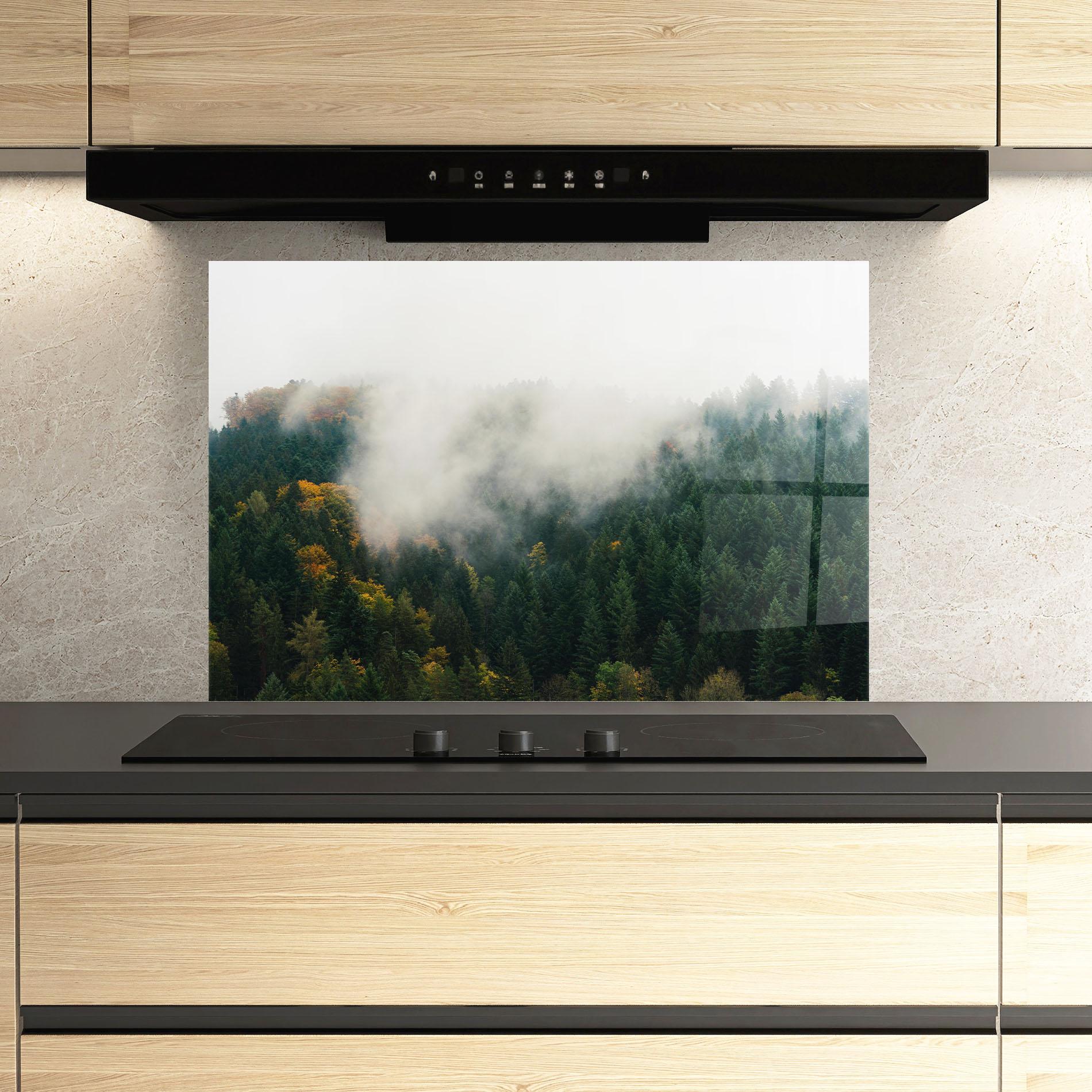 Küchenrückwand Glas Foggy Tree Forest mockup 3
