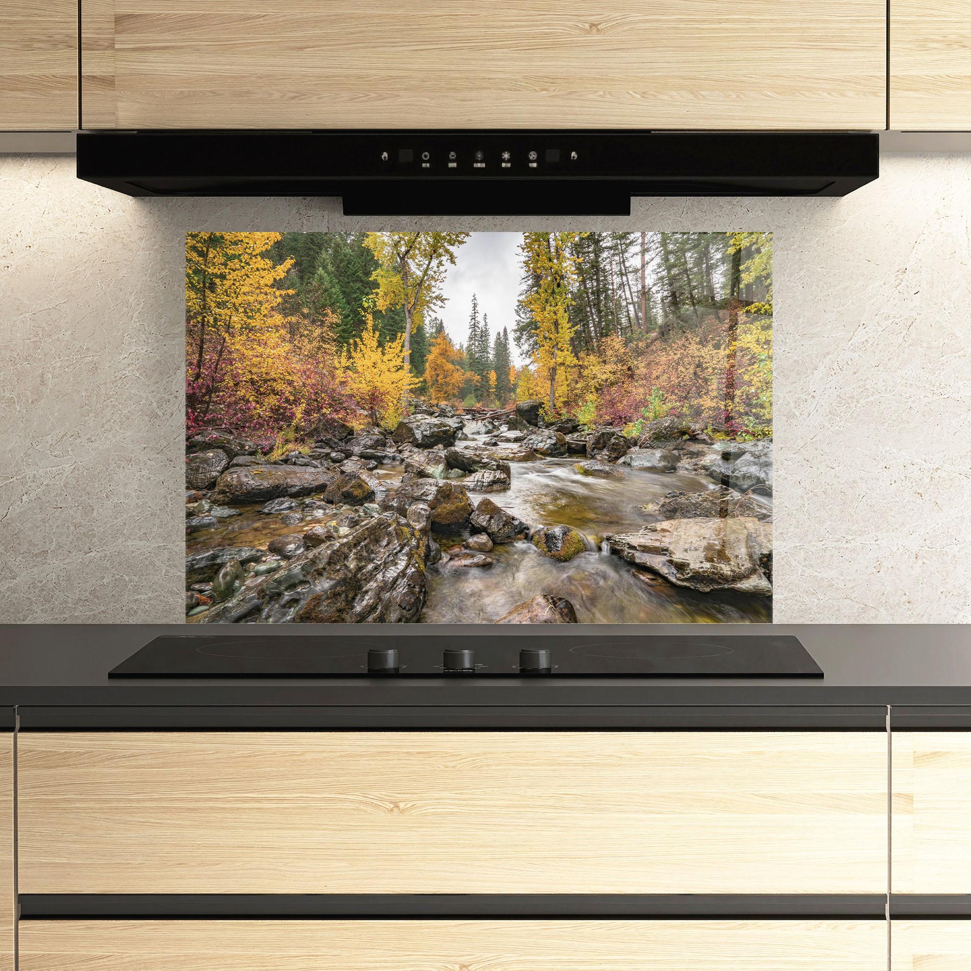 Küchenrückwand Glas Forest Lake Rocks mockup 3