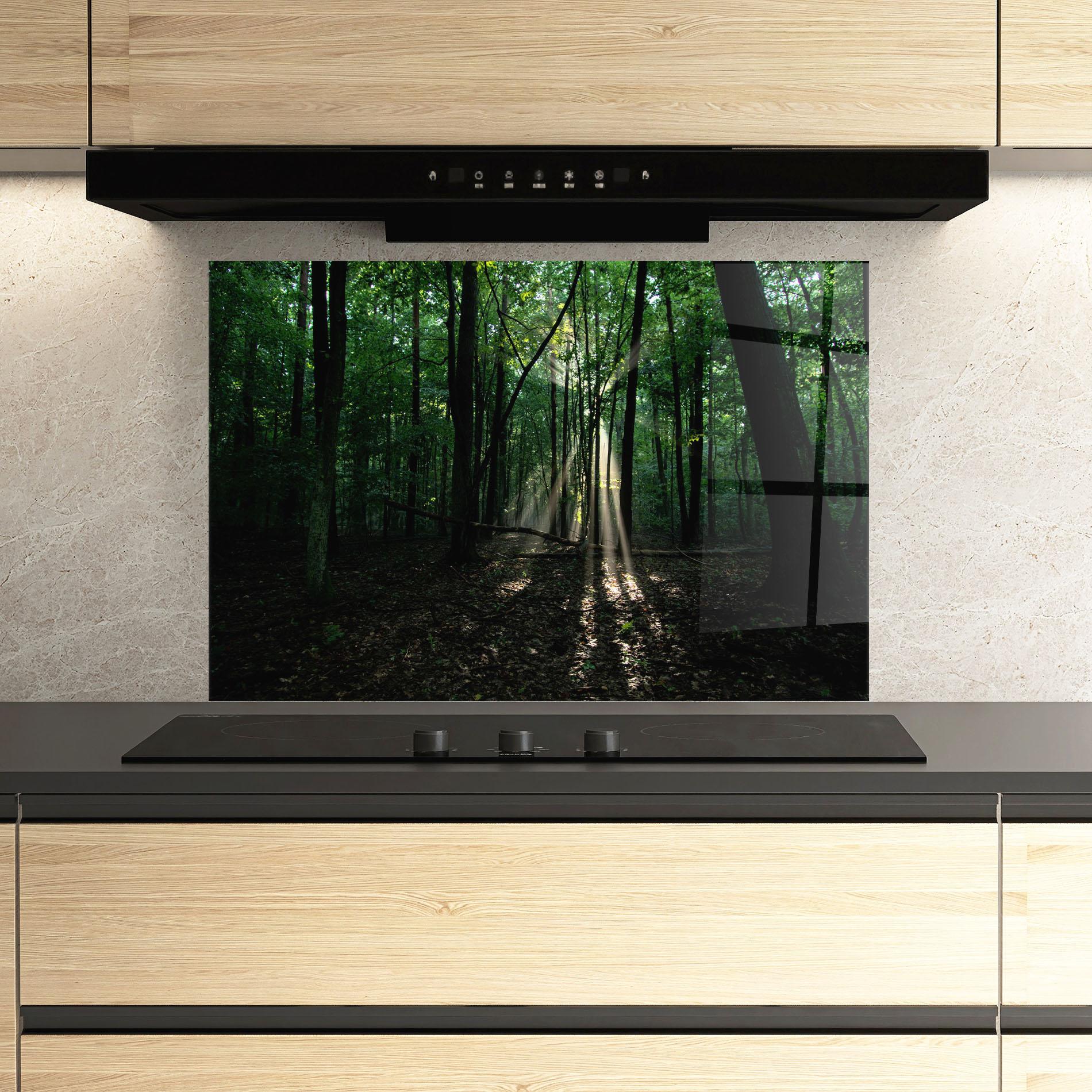 Küchenrückwand Glas Forest Sun Light mockup 3