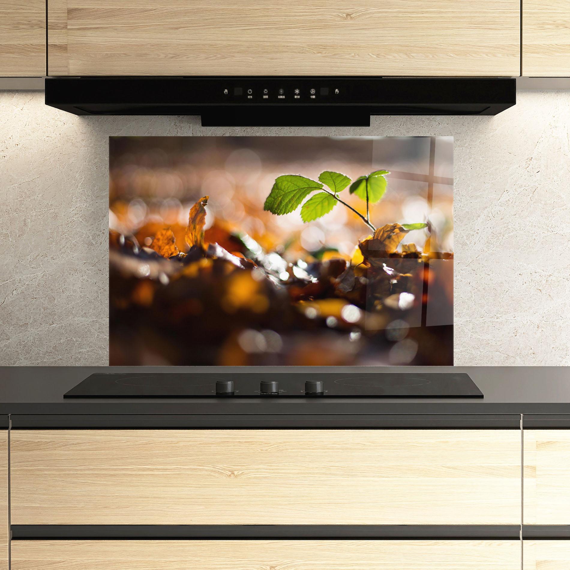 Küchenrückwand Glas Green Leaf Autumn mockup 3