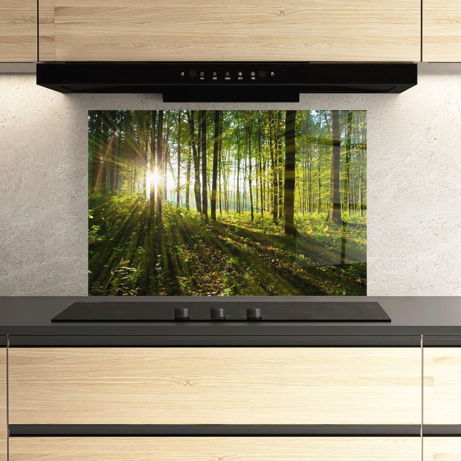 Küchenrückwand Glas Green Light Forest mockup 3