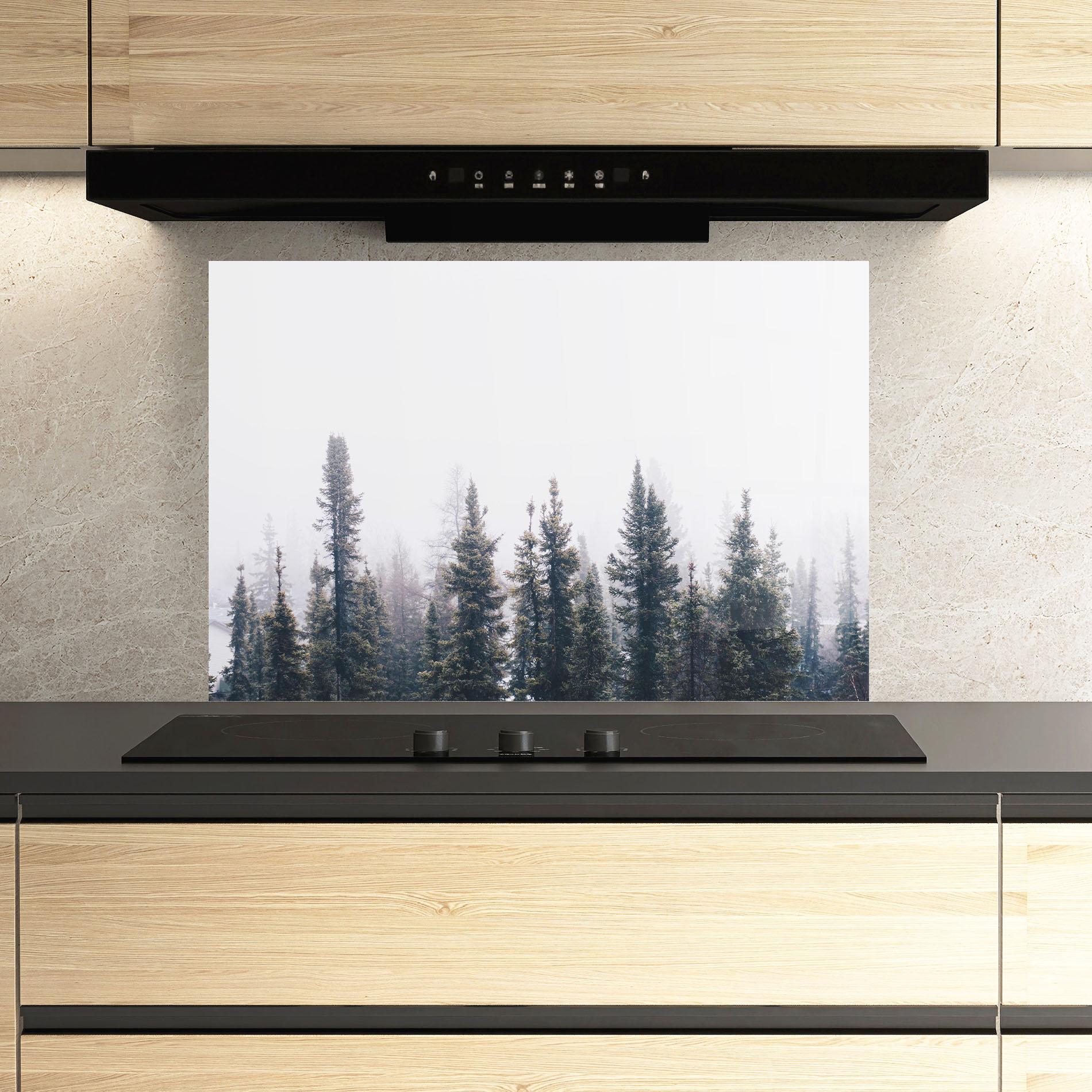 Küchenrückwand Glas Grey Foggy Trees mockup 3
