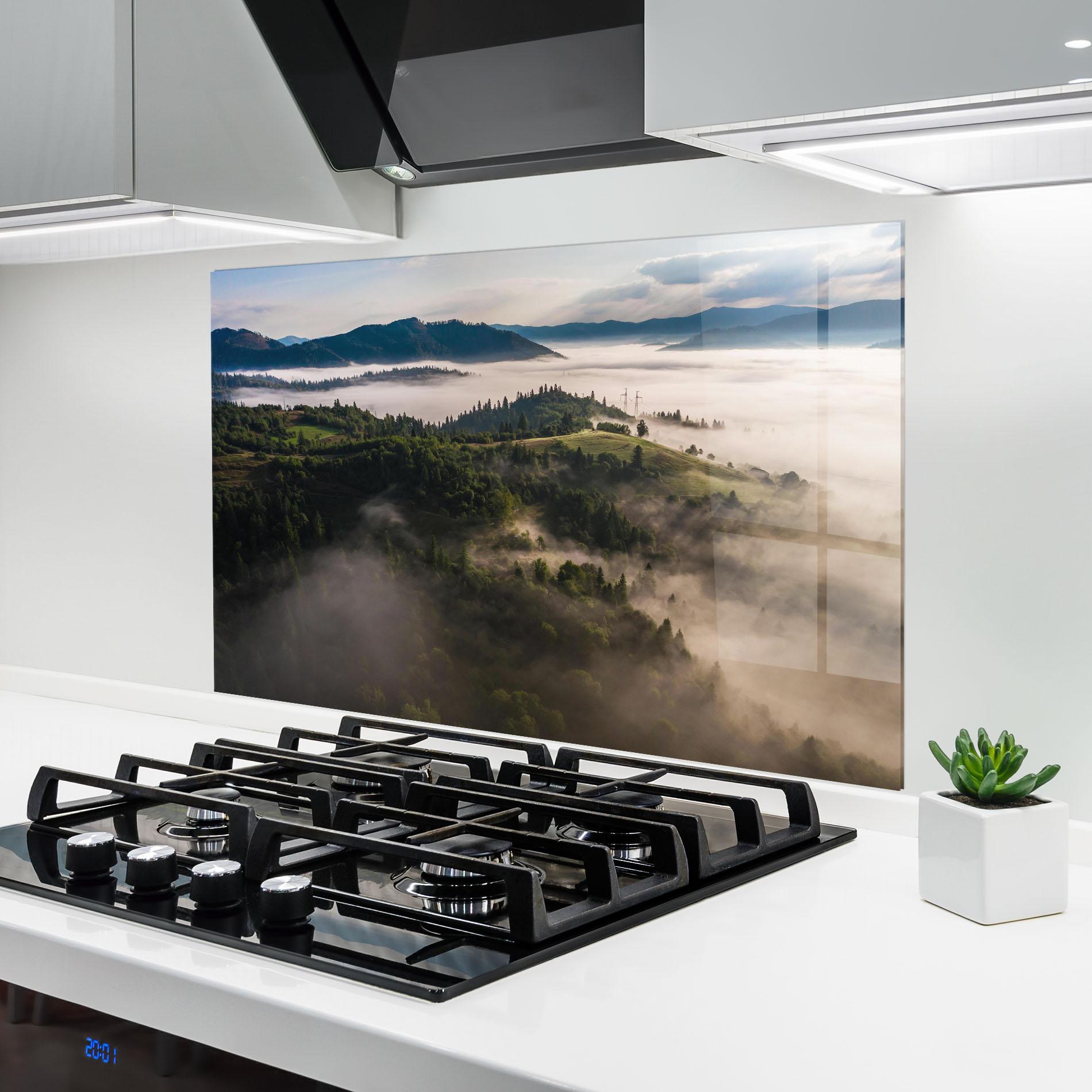 Küchenrückwand Glas Foggy Forest View mockup 6