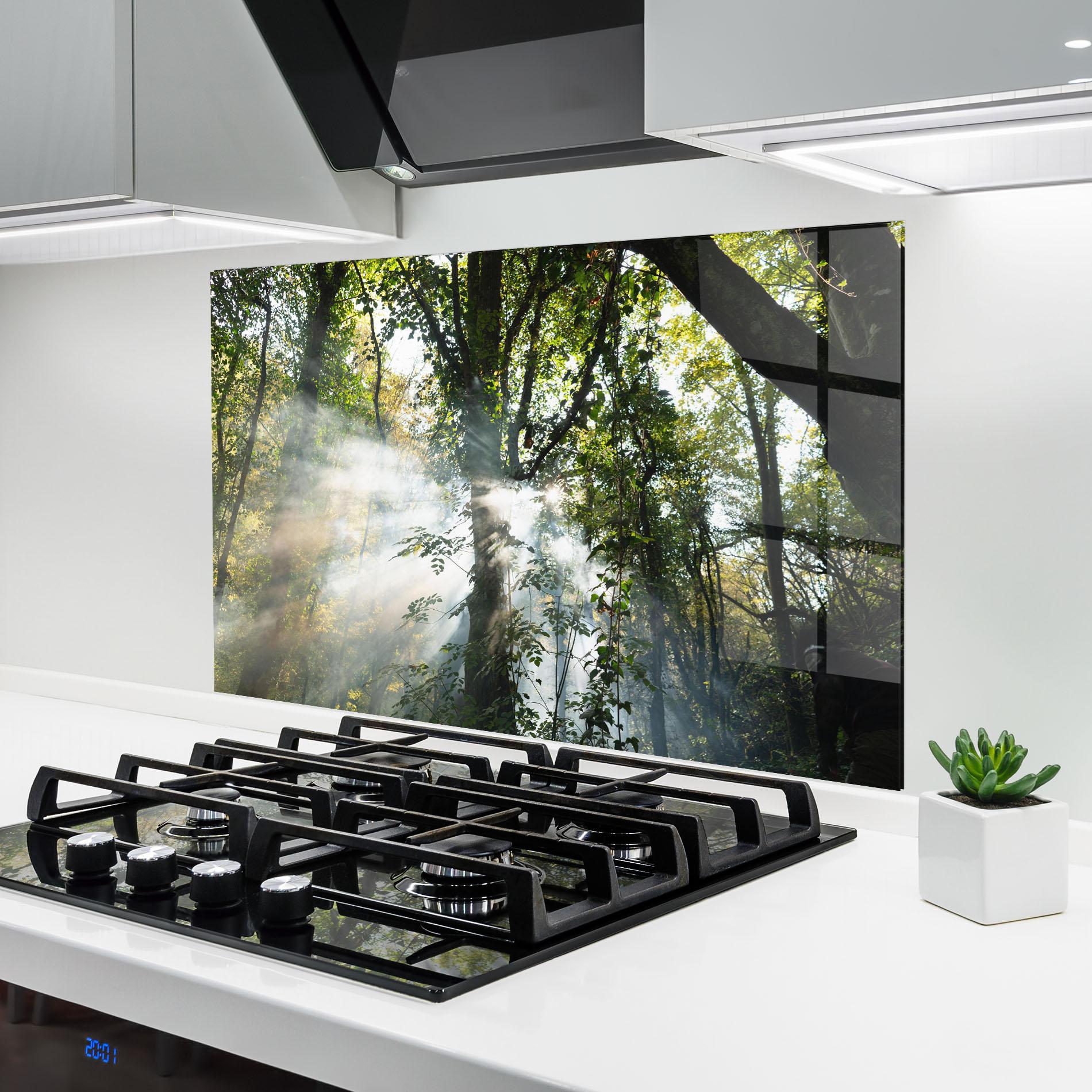 Küchenrückwand Glas Foggy Light Forest mockup 6