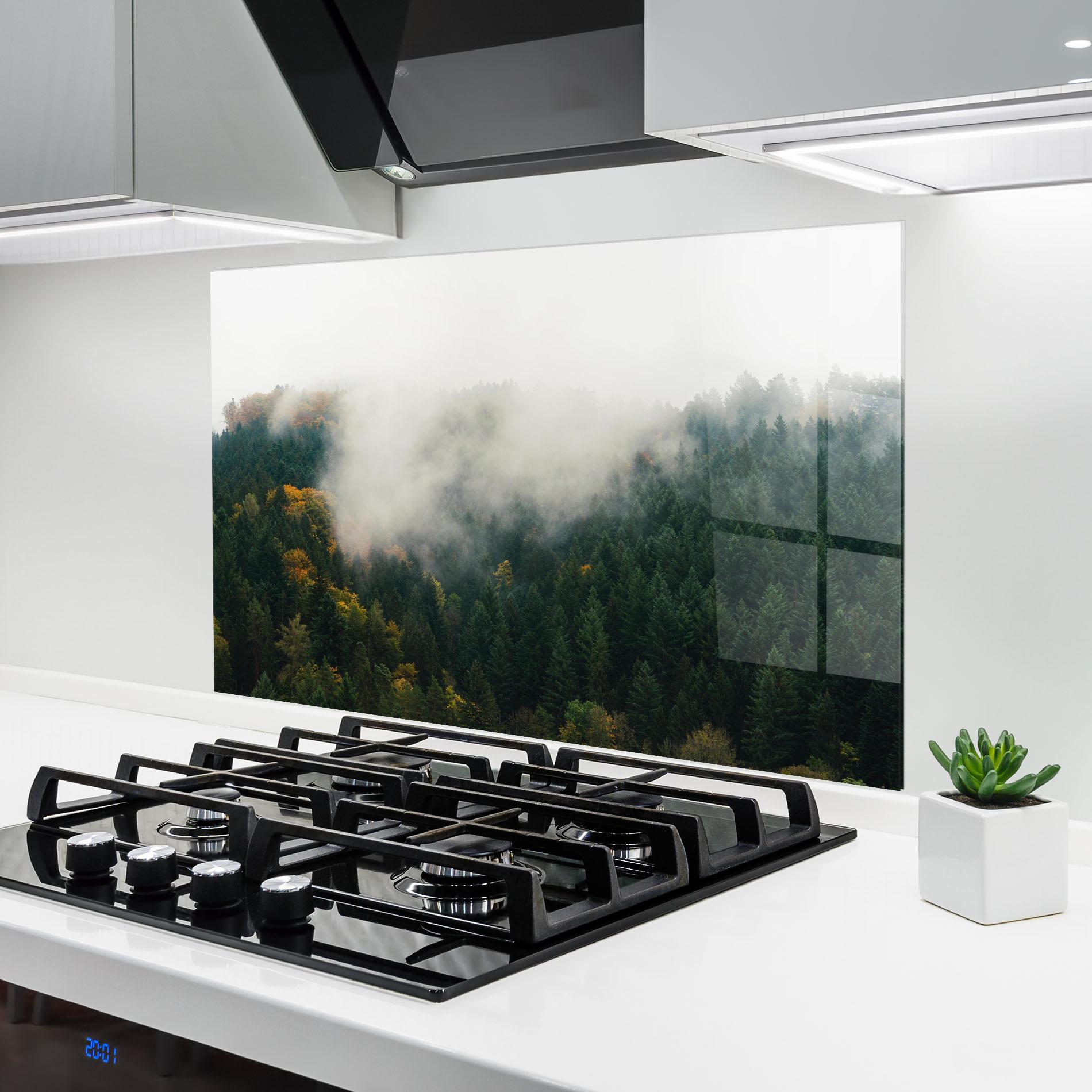 Küchenrückwand Glas Foggy Tree Forest mockup 6