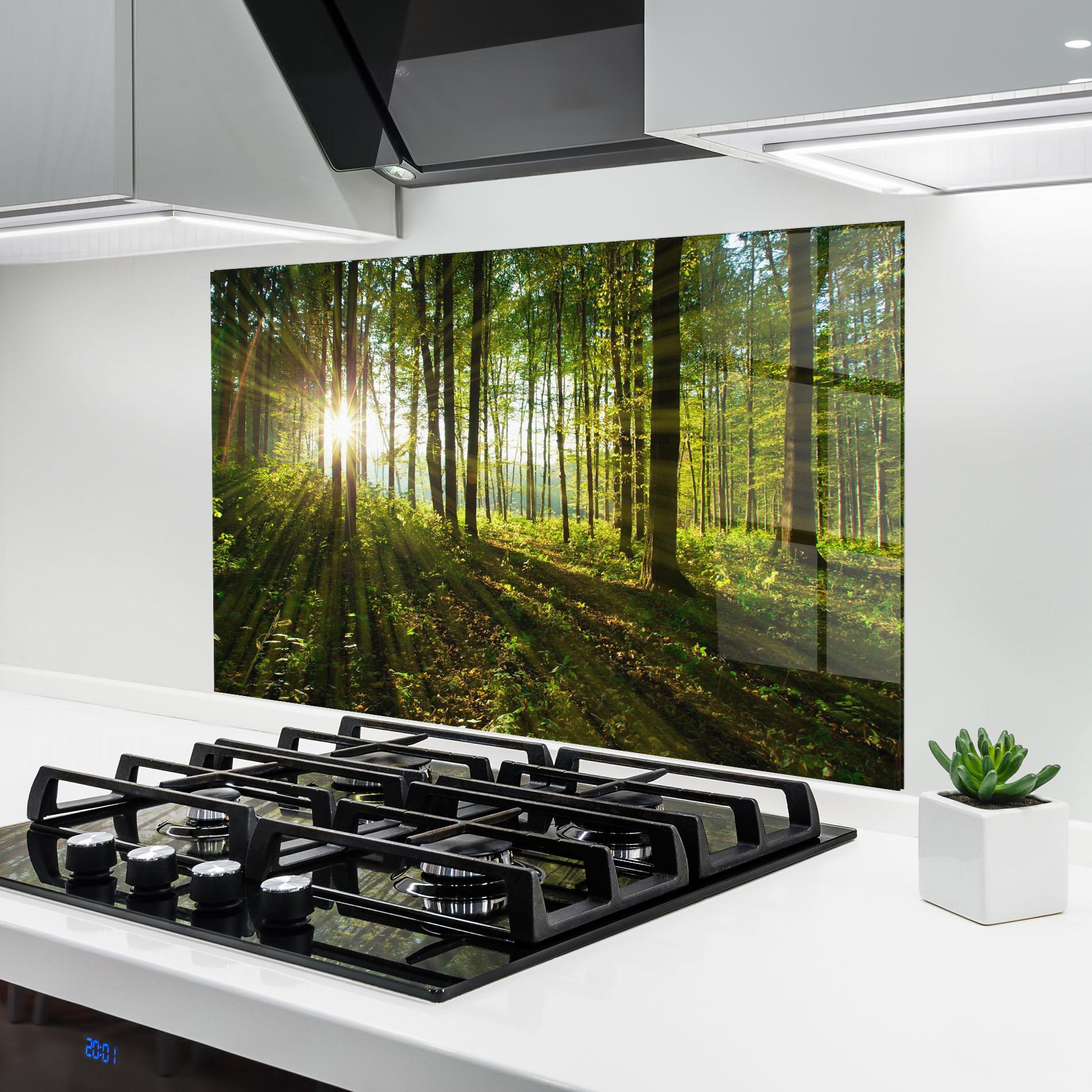 Küchenrückwand Glas Green Light Forest mockup 6