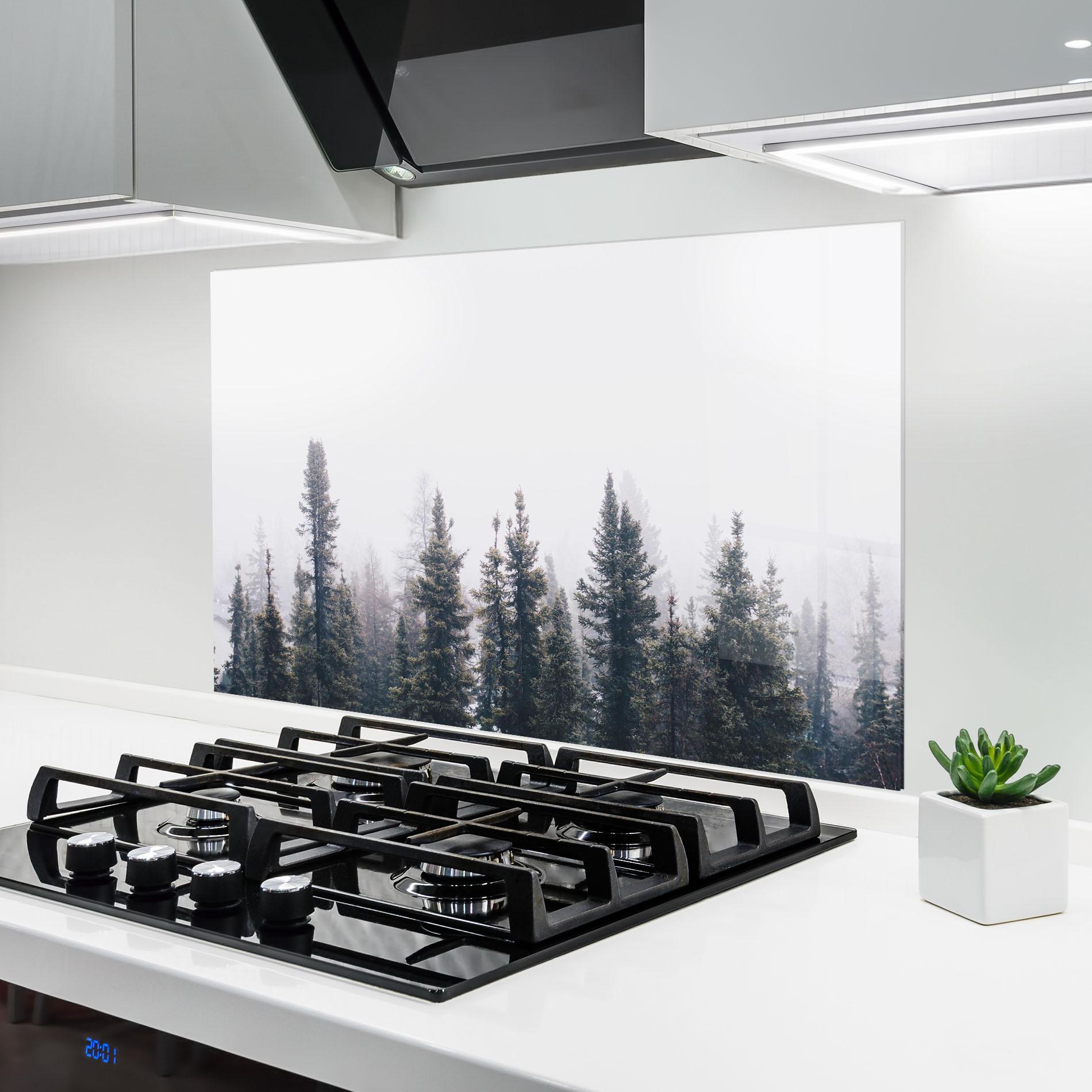 Küchenrückwand Glas Grey Foggy Trees mockup 6