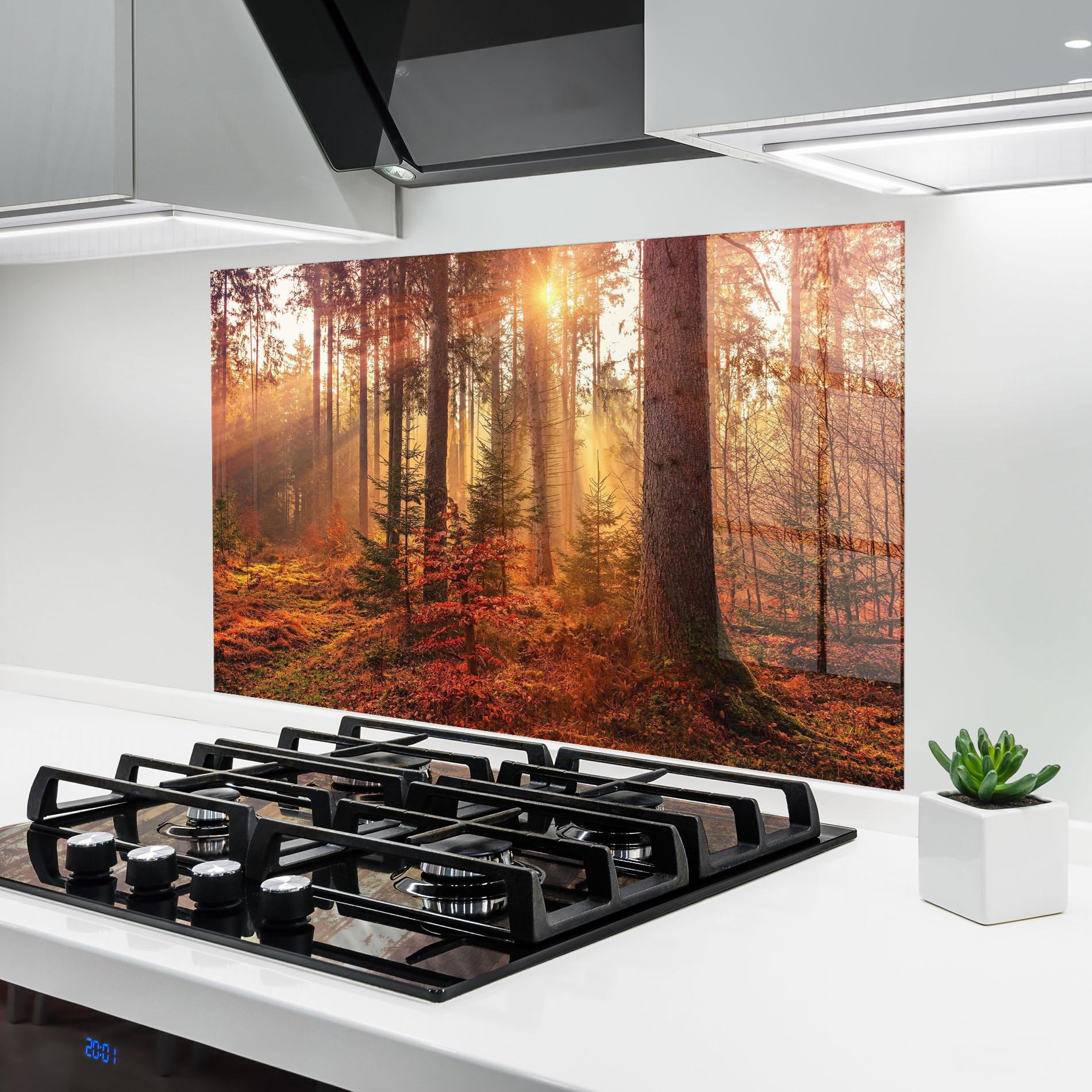 Küchenrückwand Glas Orange Light Forest mockup 6