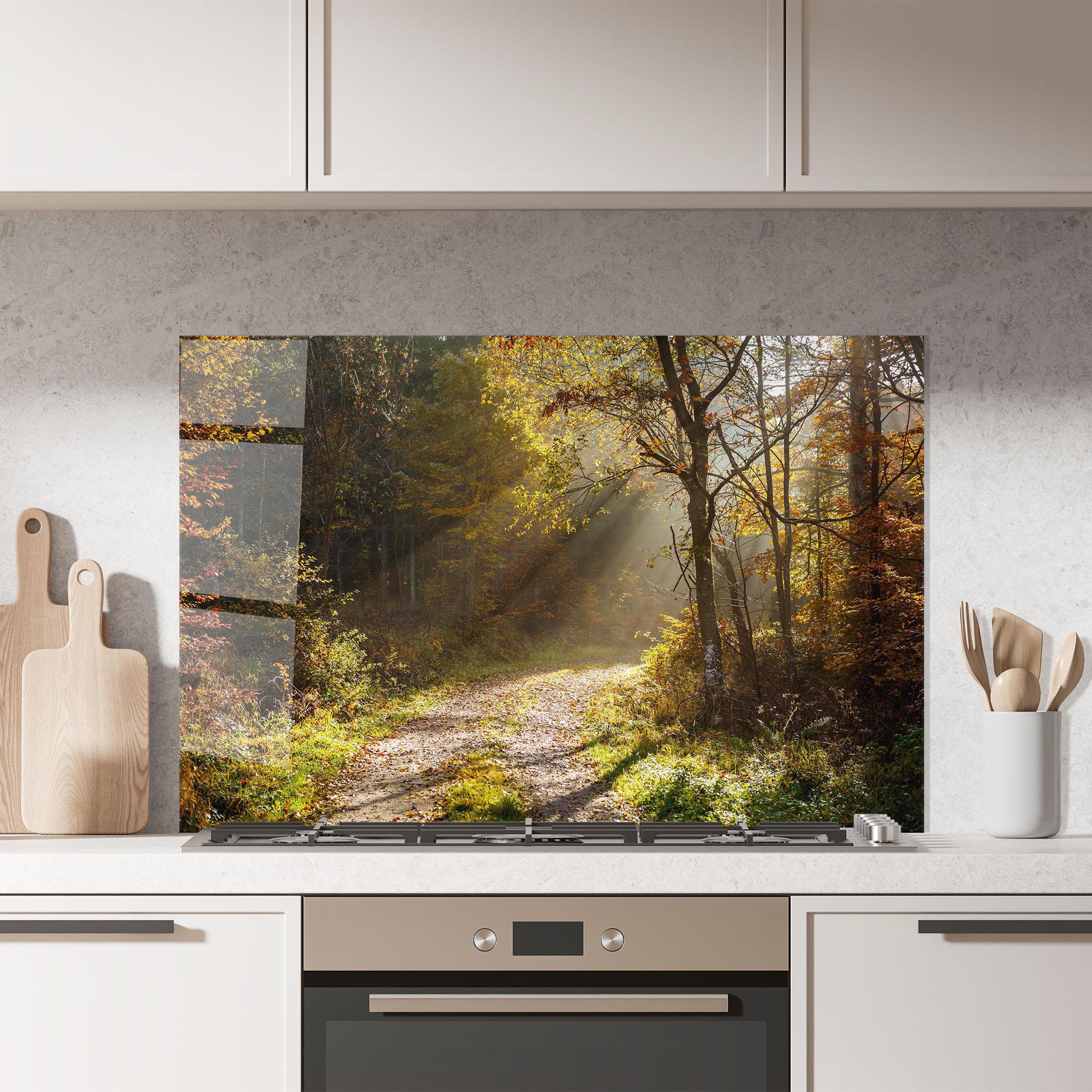 Küchenrückwand Glas Autumn Trees Sun mockup 7