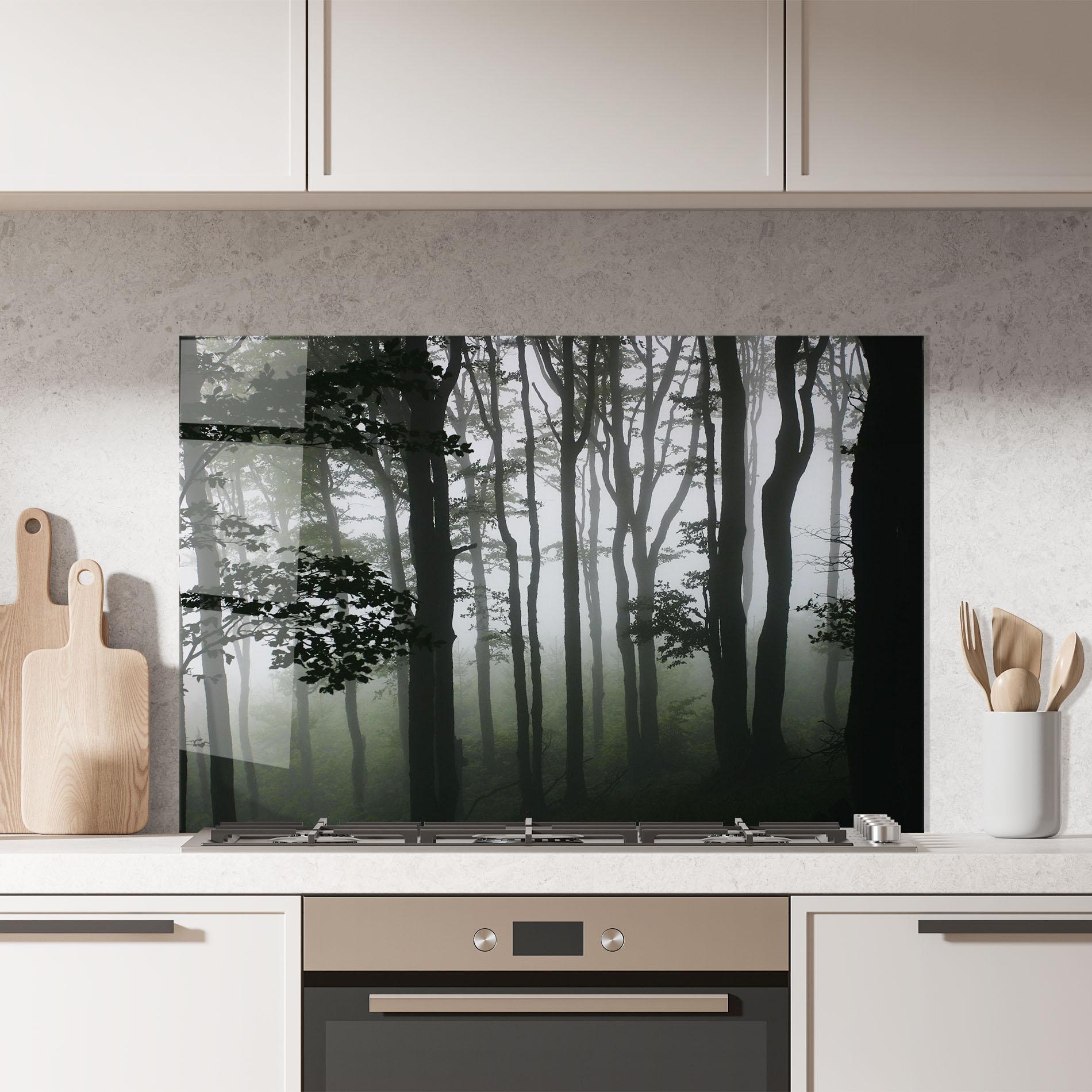 Küchenrückwand Glas Foggy Black Tree mockup 7