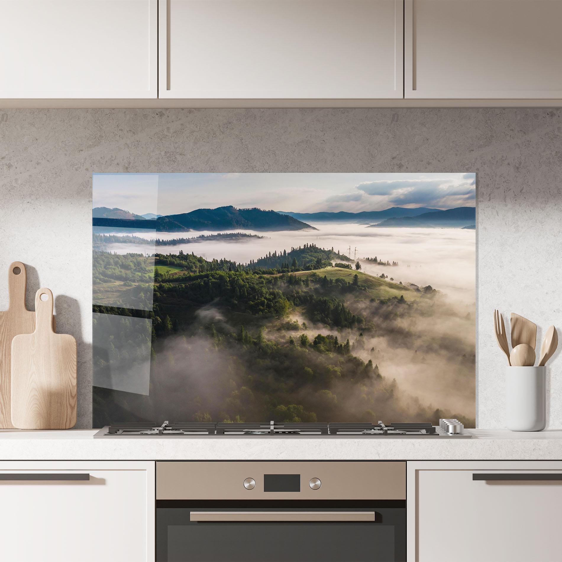 Küchenrückwand Glas Foggy Forest View mockup 7