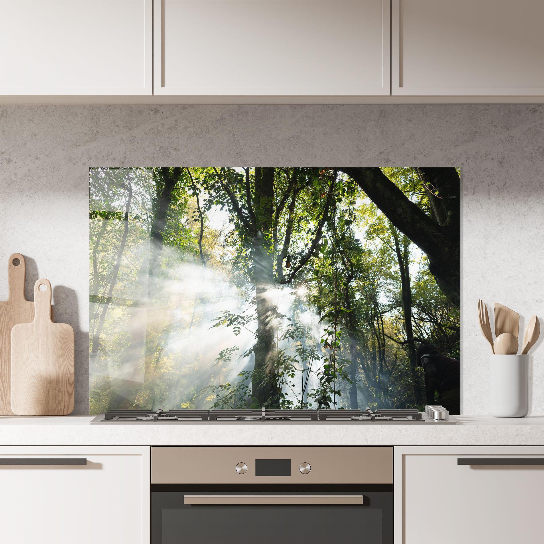 Küchenrückwand Glas Foggy Light Forest mockup 7