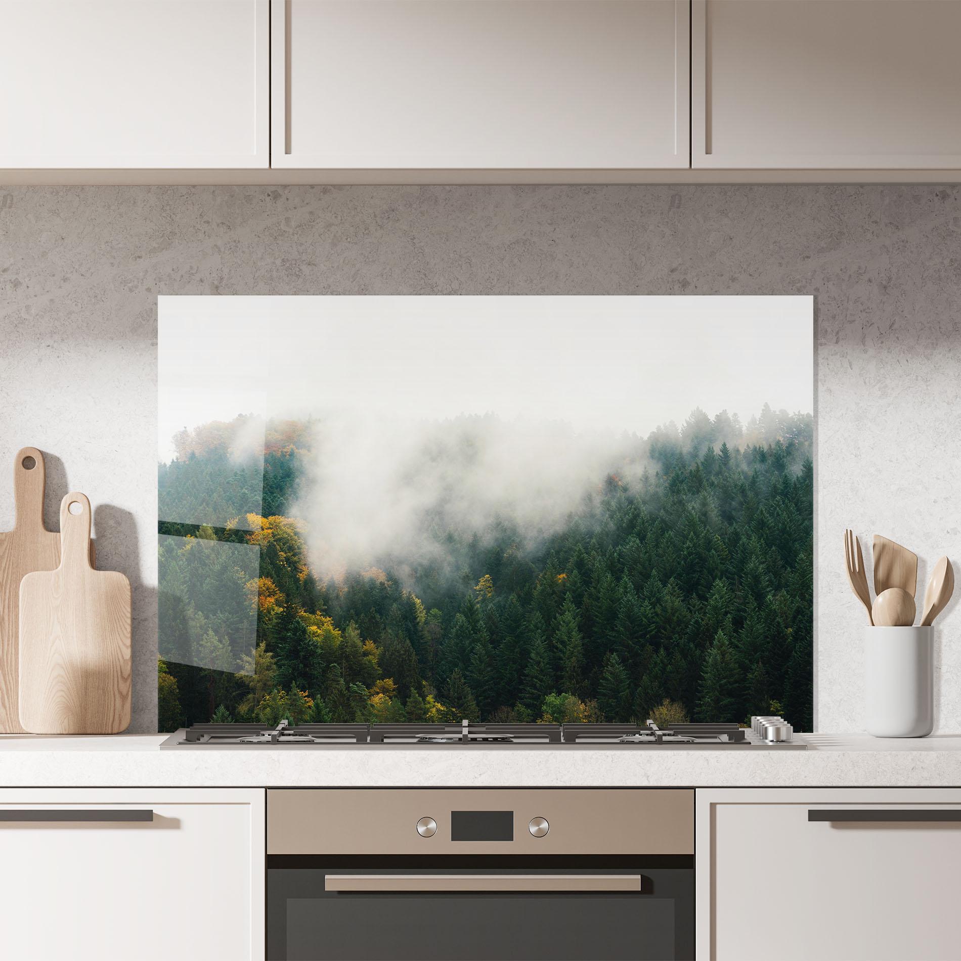 Küchenrückwand Glas Foggy Tree Forest mockup 7