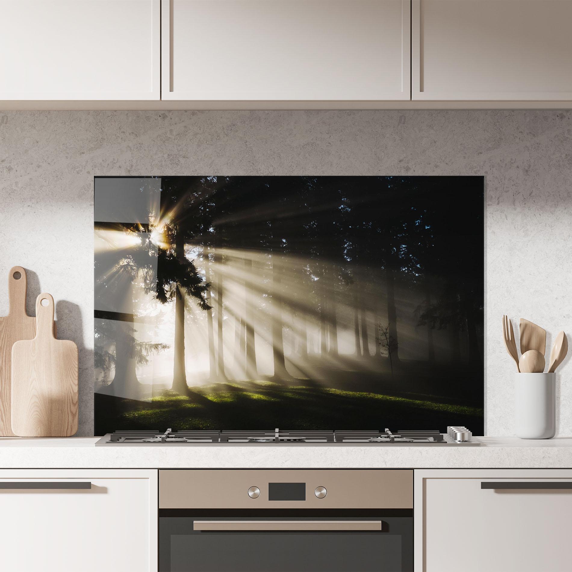 Küchenrückwand Glas Forest Foggy Daylight mockup 7