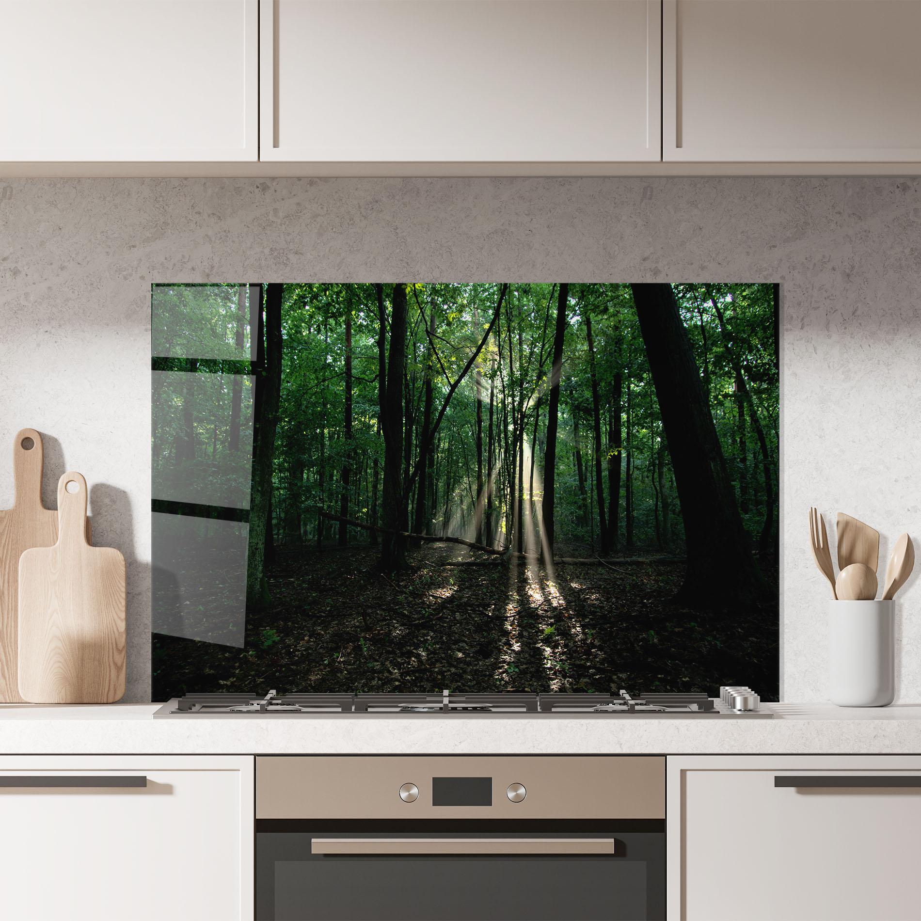 Küchenrückwand Glas Forest Sun Light mockup 7