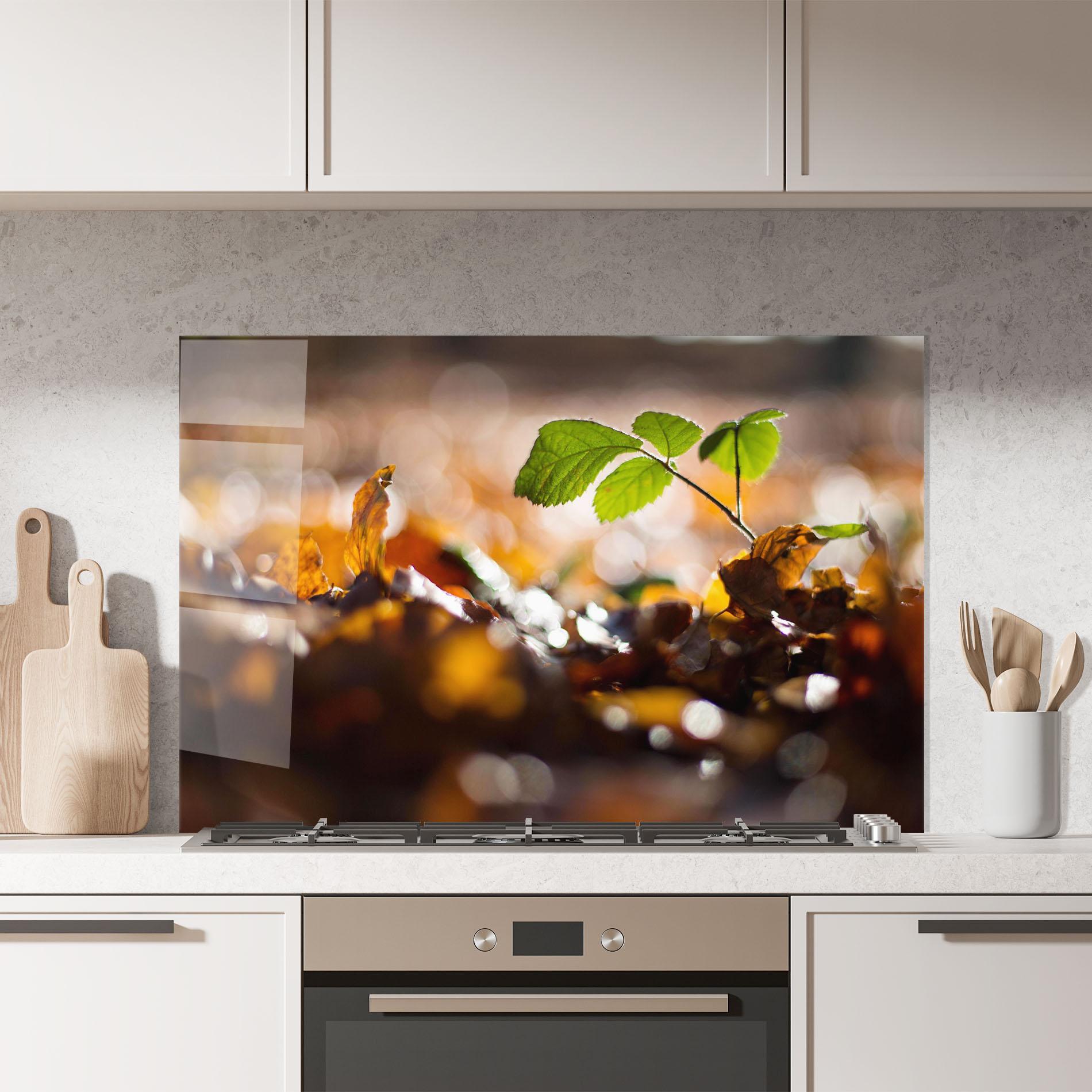 Küchenrückwand Glas Green Leaf Autumn mockup 7