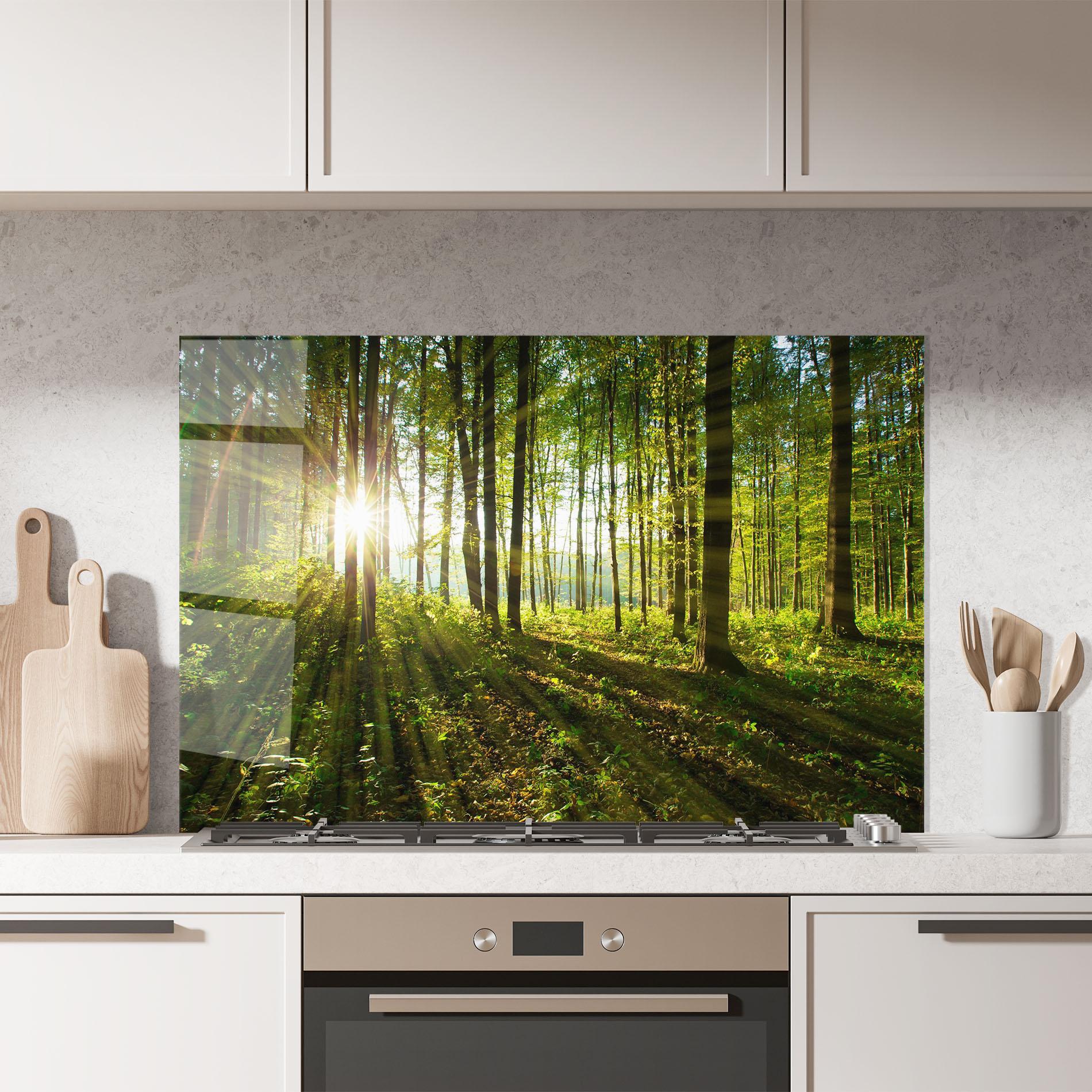 Küchenrückwand Glas Green Light Forest mockup 7