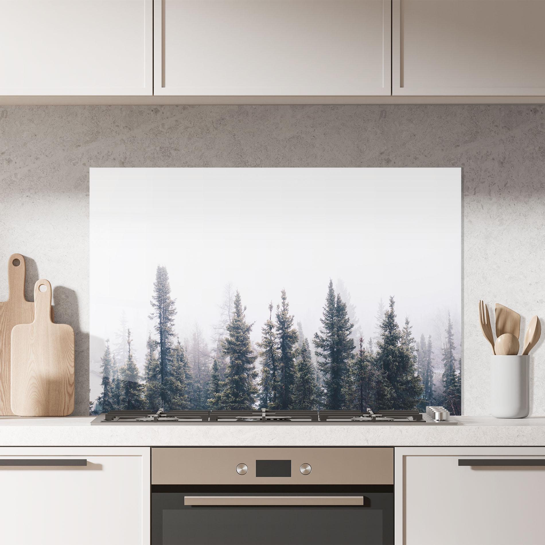 Küchenrückwand Glas Grey Foggy Trees mockup 7