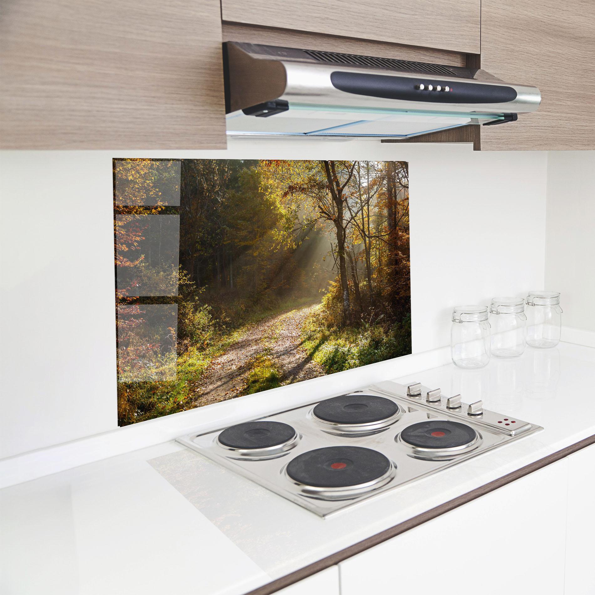 Küchenrückwand Glas Autumn Trees Sun mockup 8