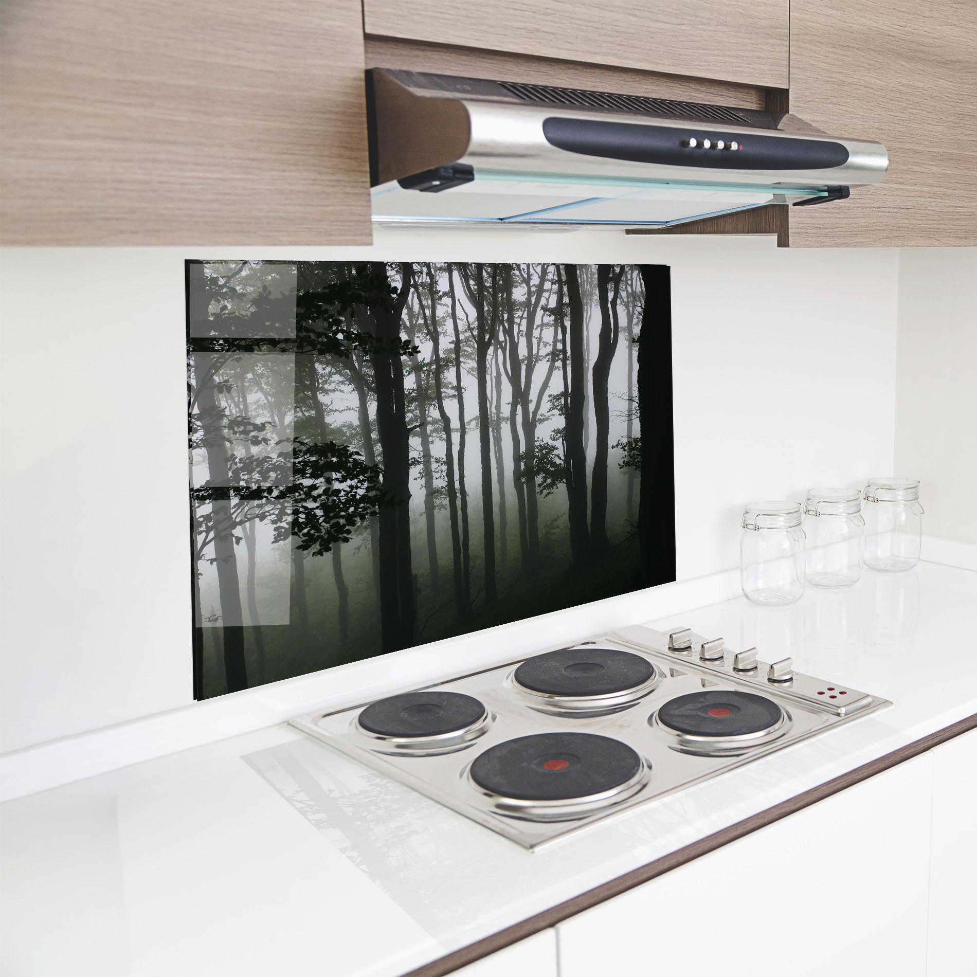 Küchenrückwand Glas Foggy Black Tree mockup 8