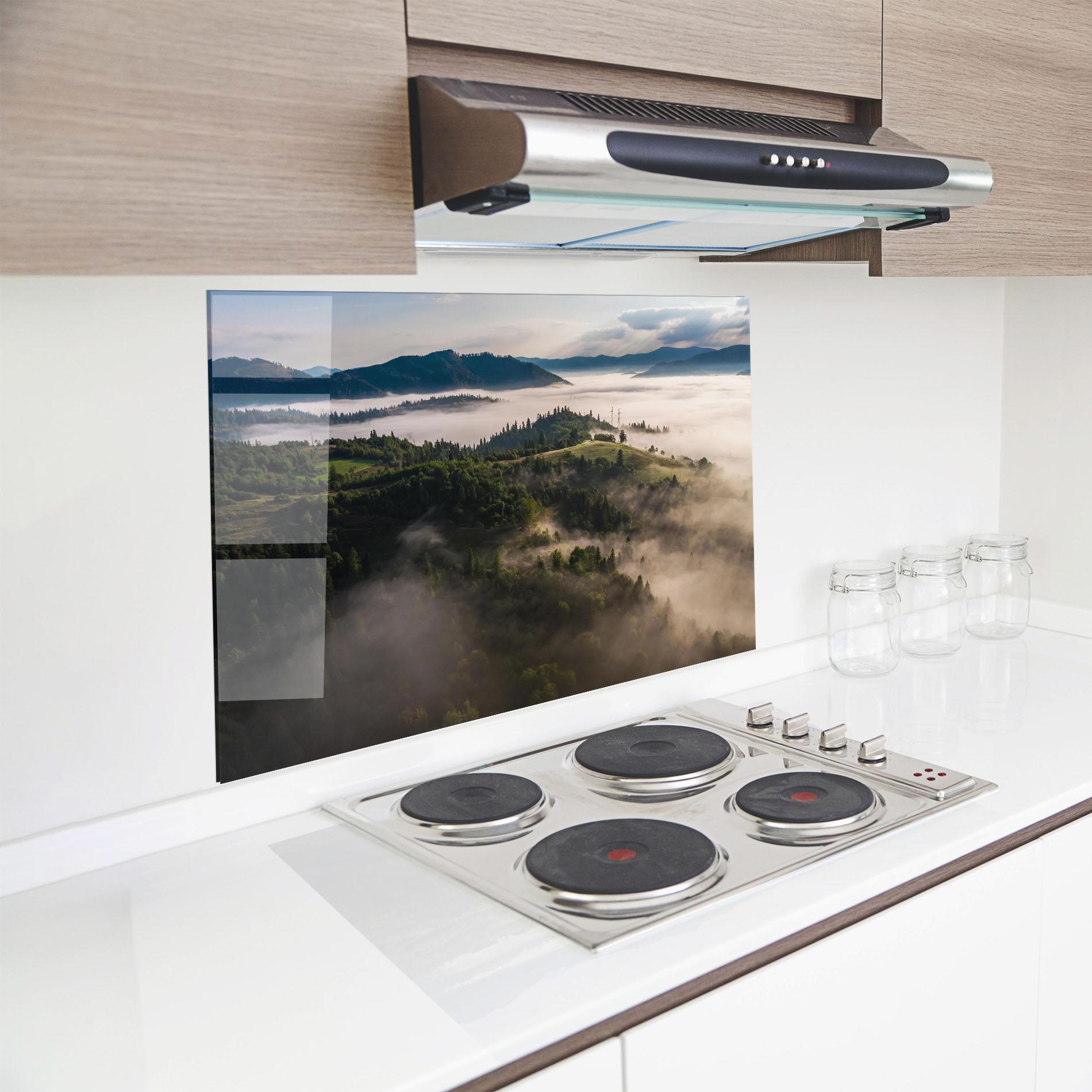 Küchenrückwand Glas Foggy Forest View mockup 8