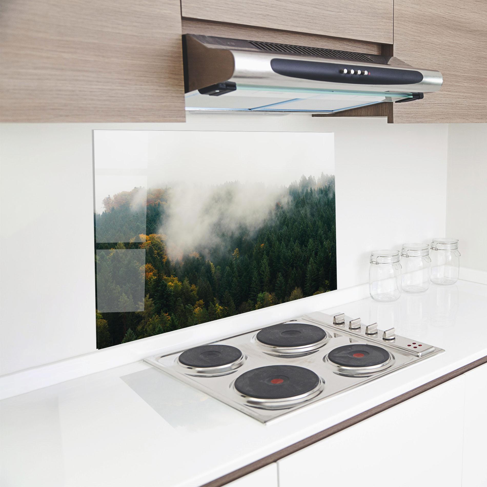 Küchenrückwand Glas Foggy Tree Forest mockup 8