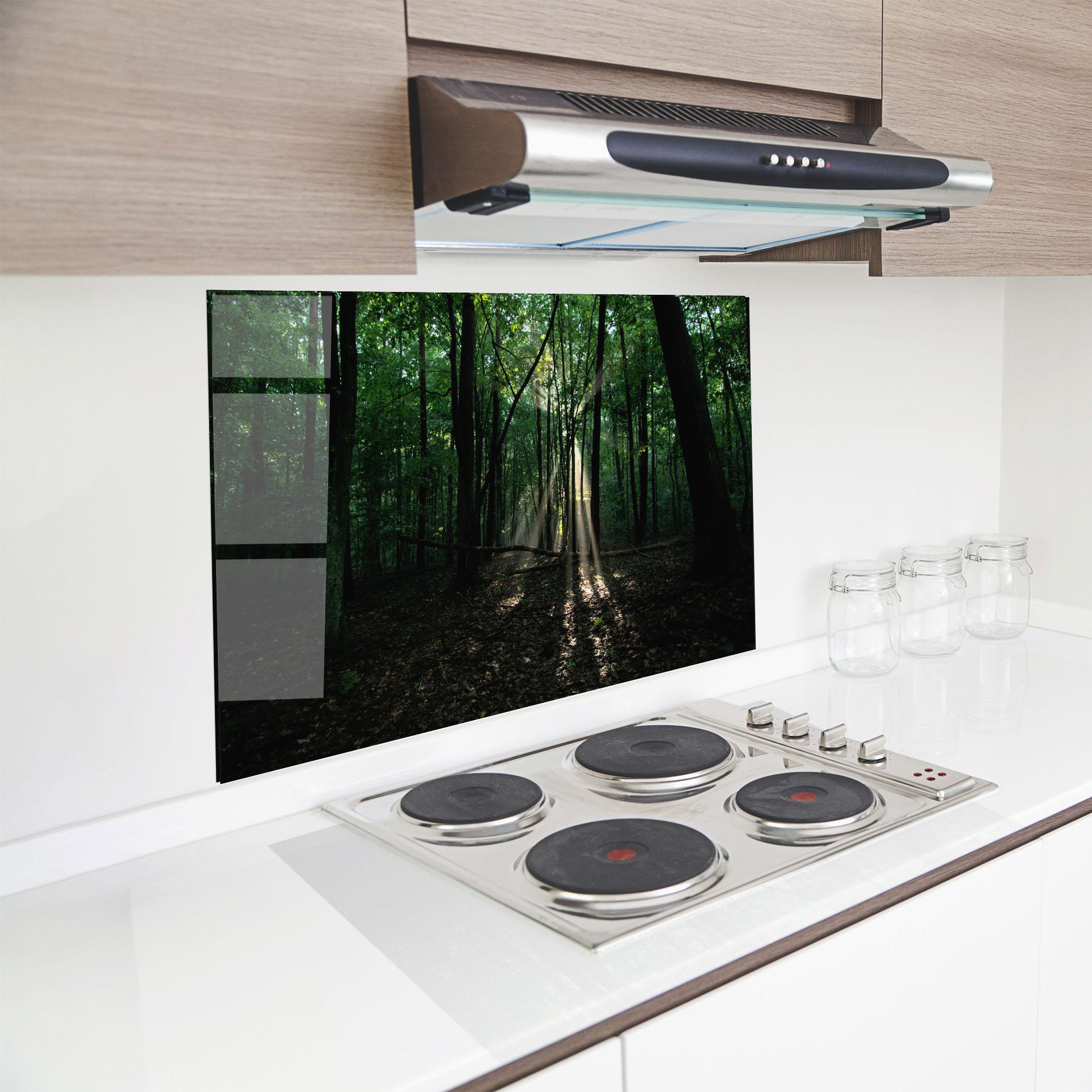 Küchenrückwand Glas Forest Sun Light mockup 8