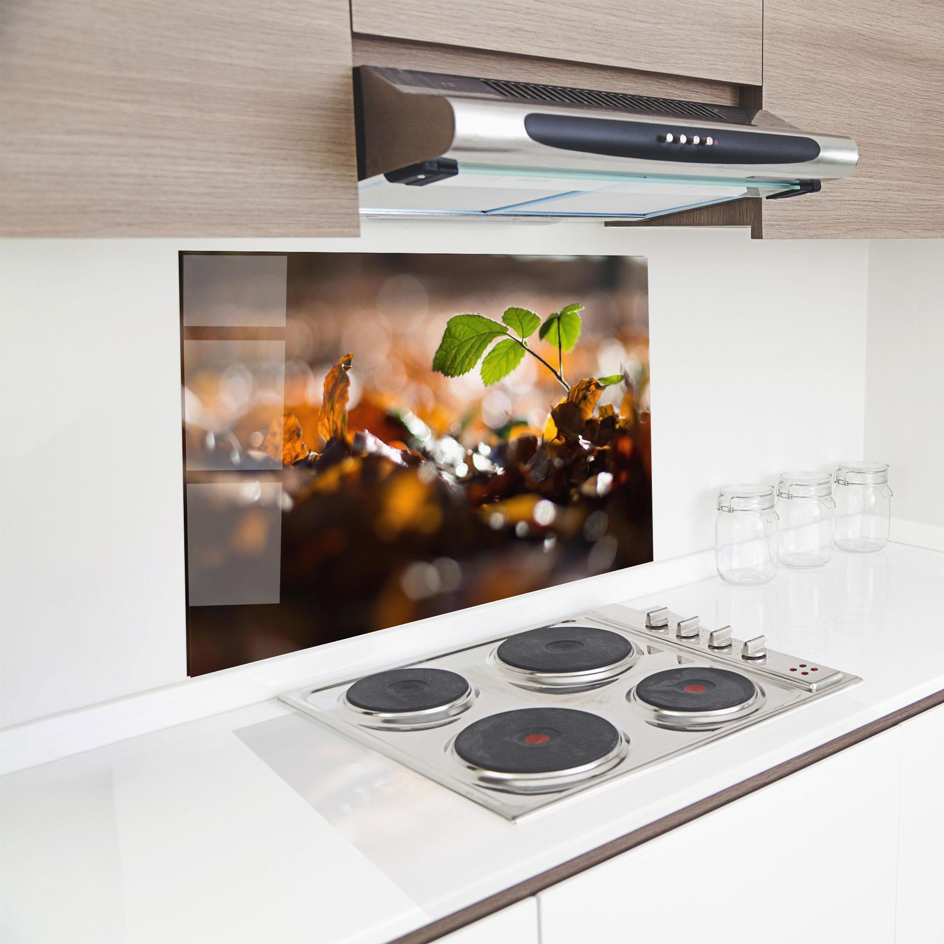 Küchenrückwand Glas Green Leaf Autumn mockup 8