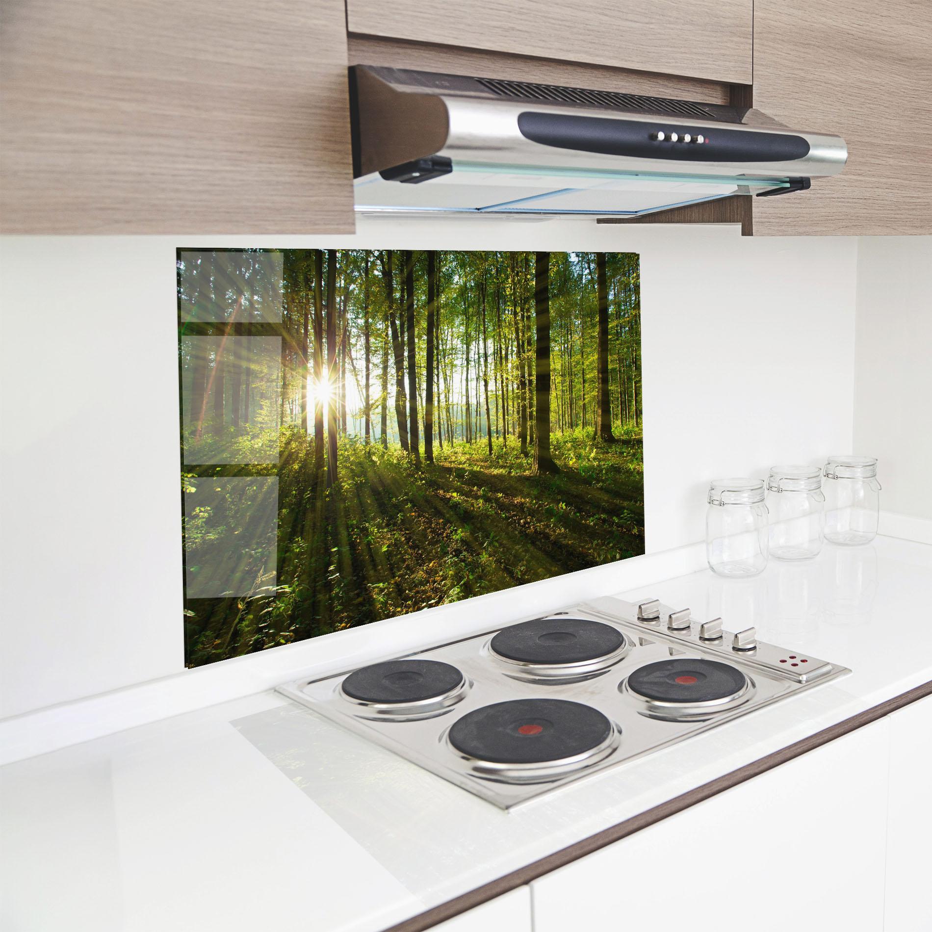 Küchenrückwand Glas Green Light Forest mockup 8