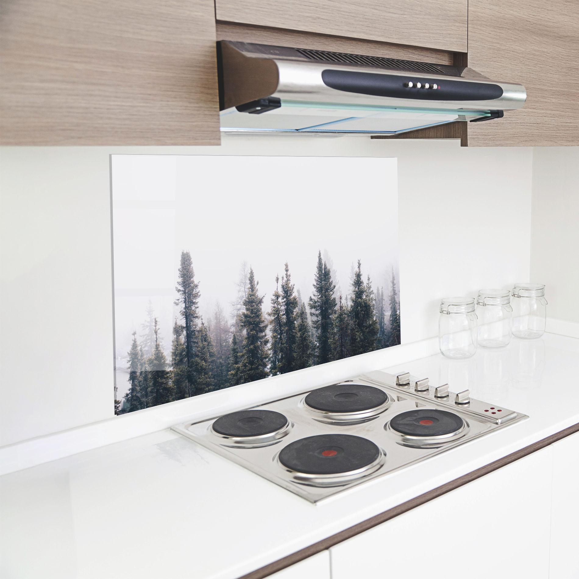 Küchenrückwand Glas Grey Foggy Trees mockup 8